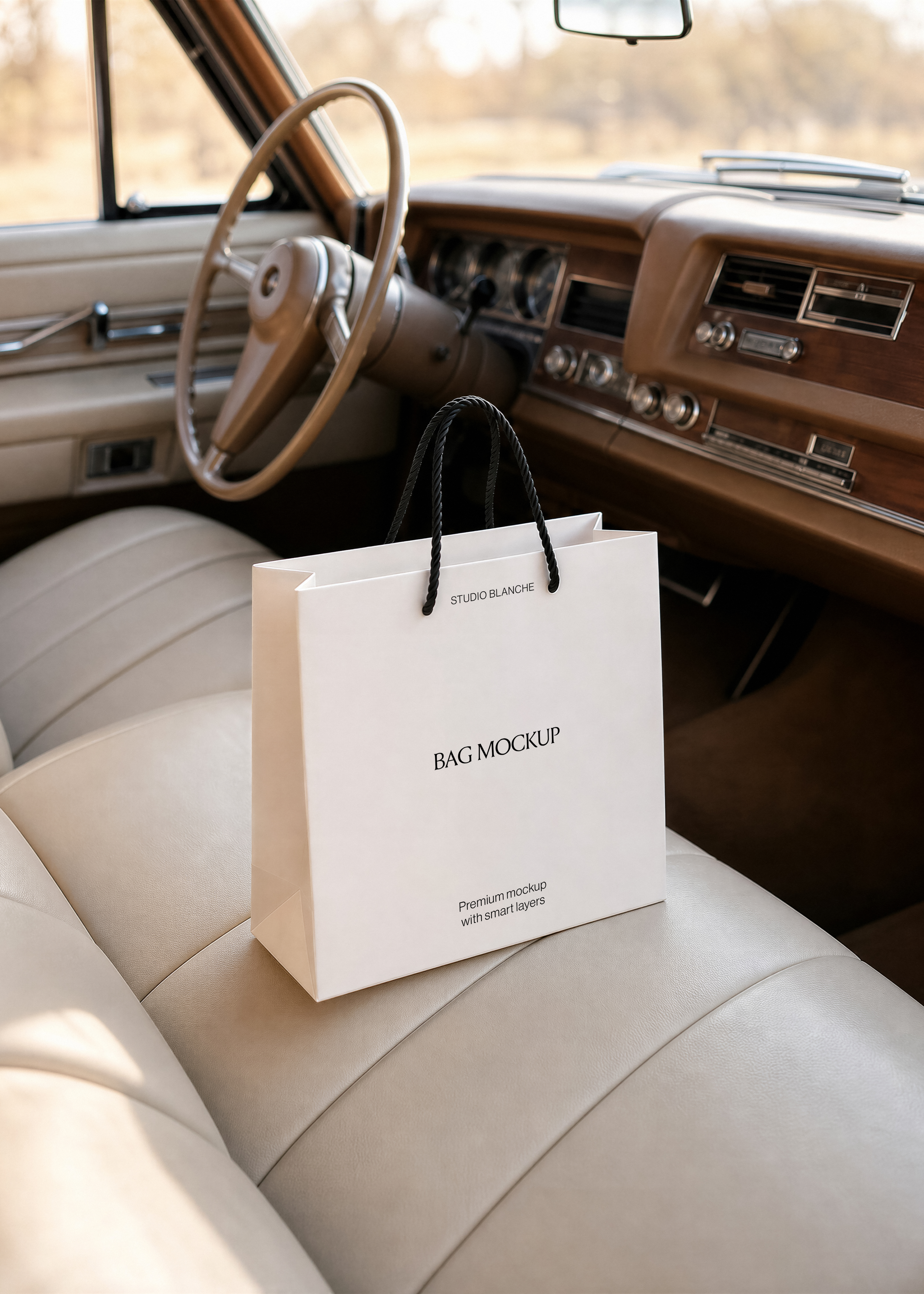 Studio Blanche shopping bag mockup with black cord handles on a cream leather seat inside a vintage car interior