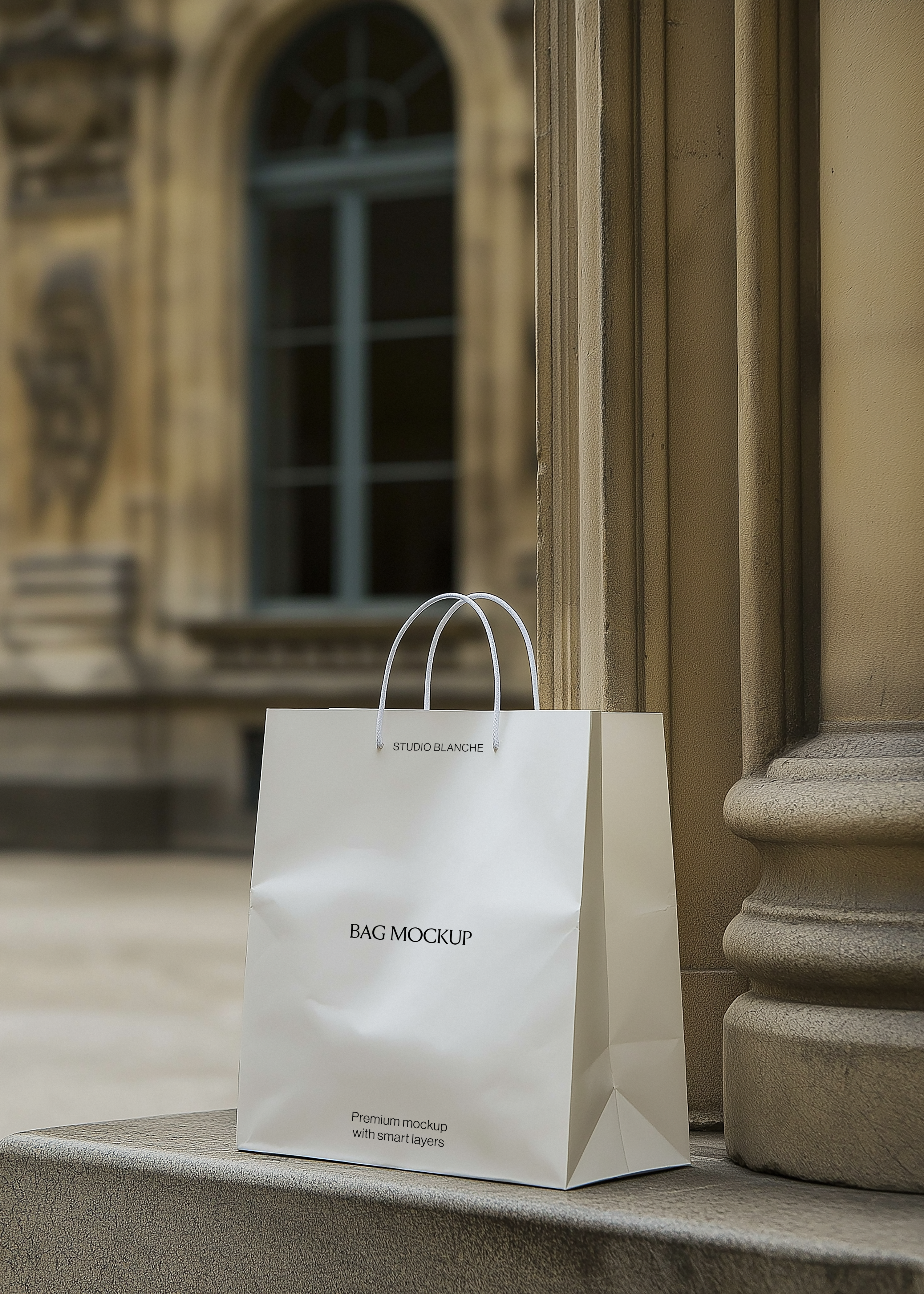 White paper shopping bag mockup with rope handles on a stone ledge beside a stone column, blurred palace courtyard
