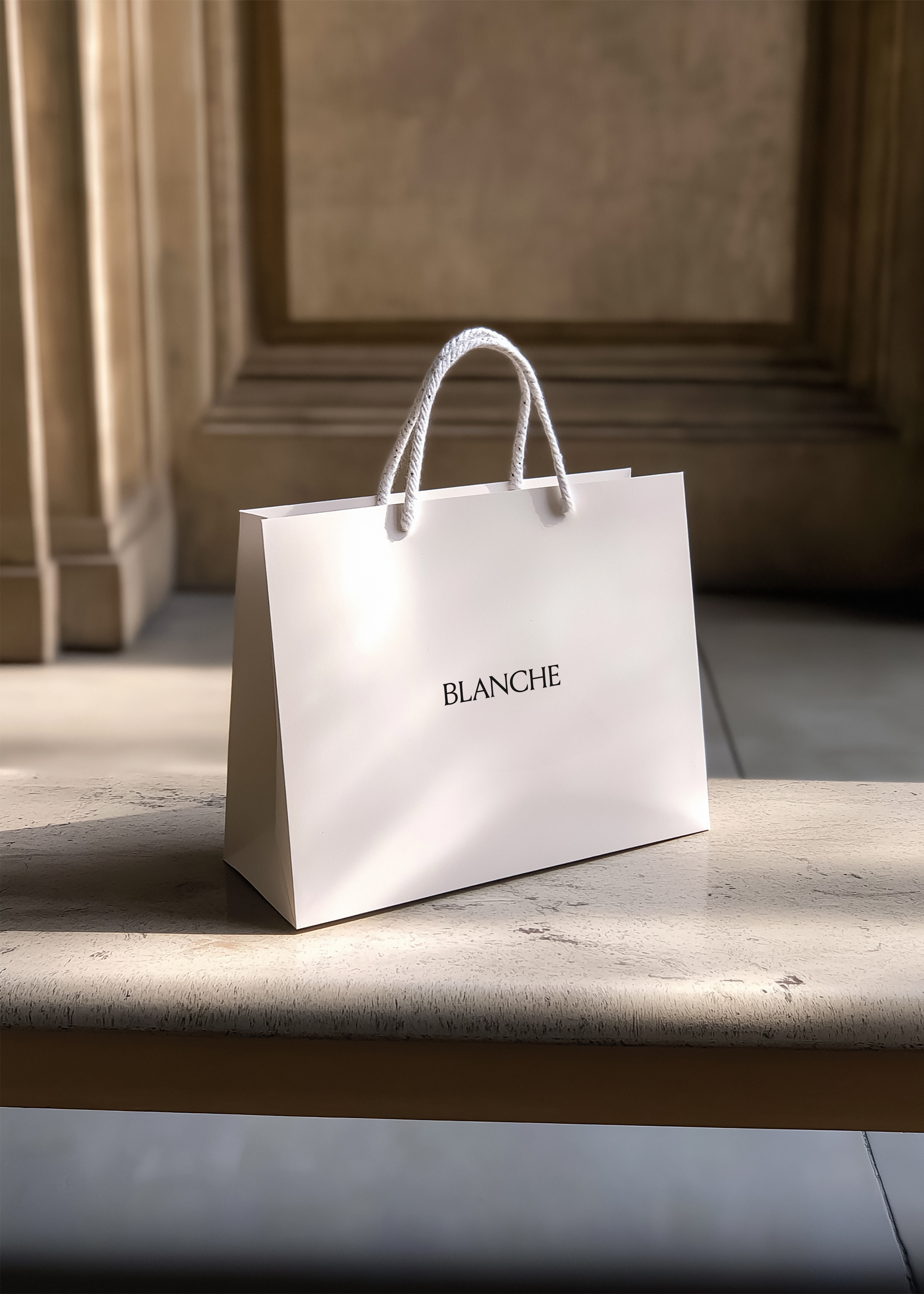 White paper shopping bag with Blanche logo and rope handles on a pale stone bench in a warm panelled hall