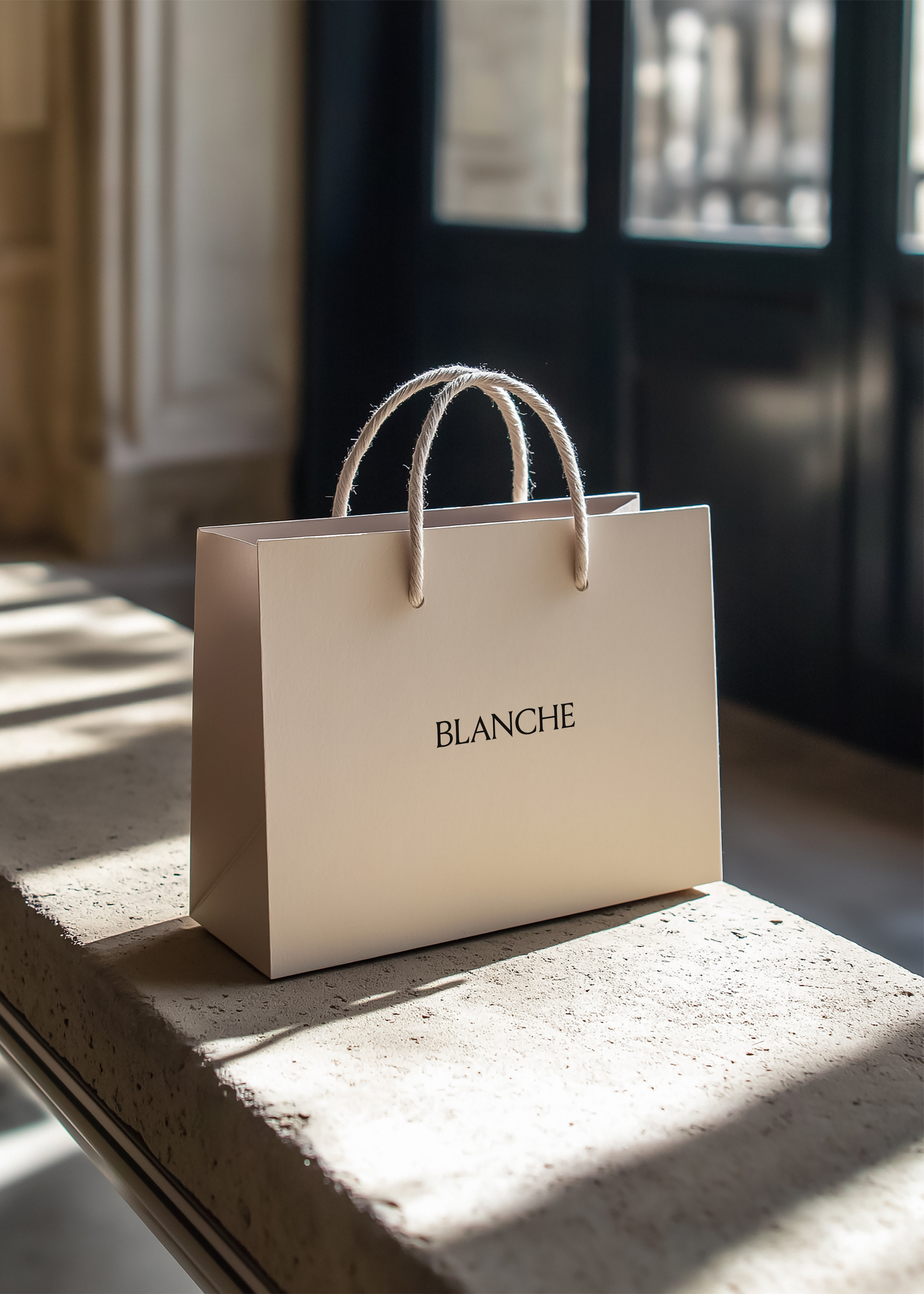 Cream paper shopping bag with Blanche logo and rope handles on a sunlit travertine ledge, shadows across the stone