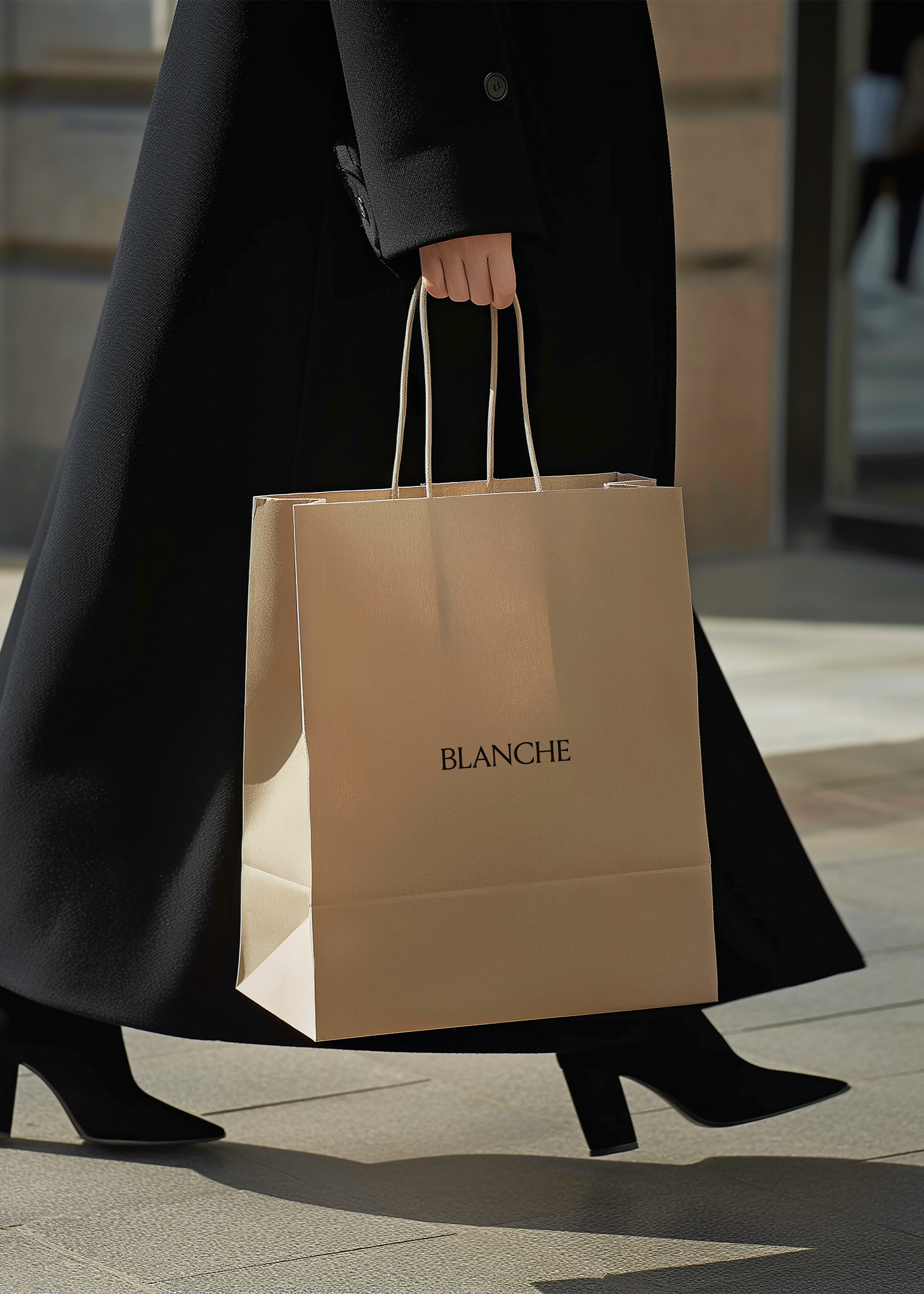 Tan paper shopping bag with Blanche logo carried by a woman in a black coat and heels on a sunlit street