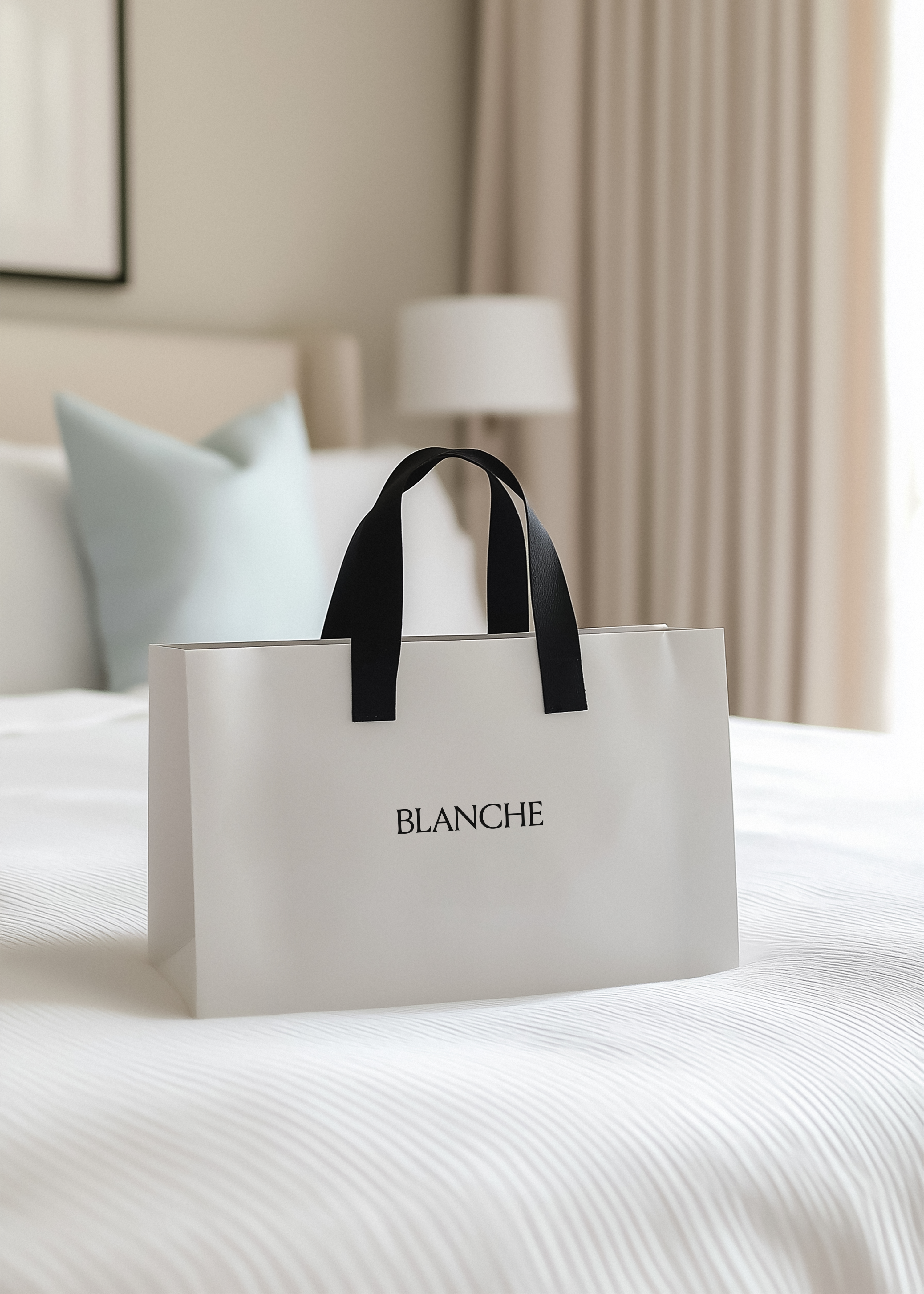White paper shopping bag with black handles and Blanche logo standing on a made white bed in a soft bedroom