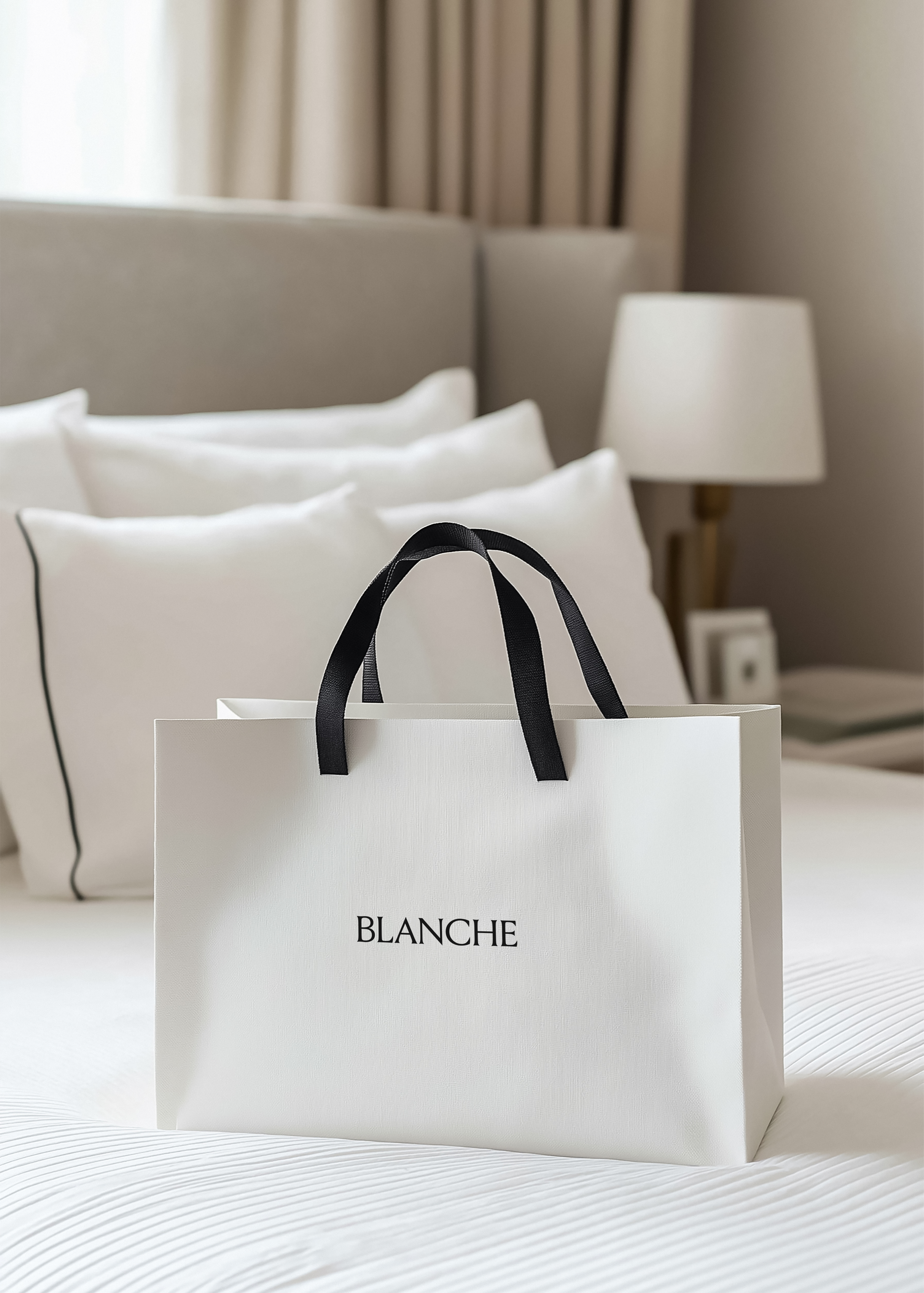 White paper shopping bag with black handles and Blanche logo standing on a white bed with piped cushions