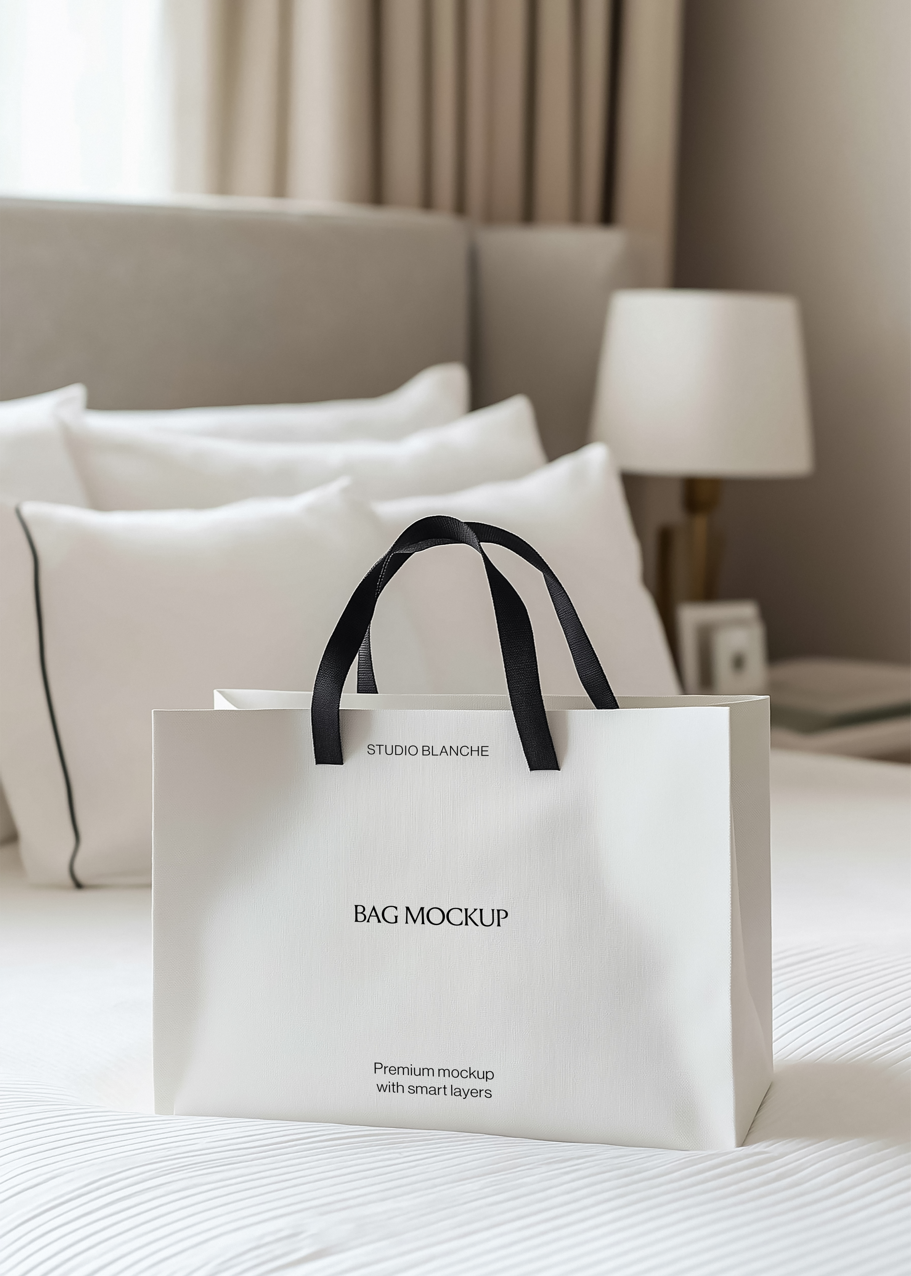 White paper shopping bag mockup with black satin handles on a white bed, upholstered headboard and lamp behind