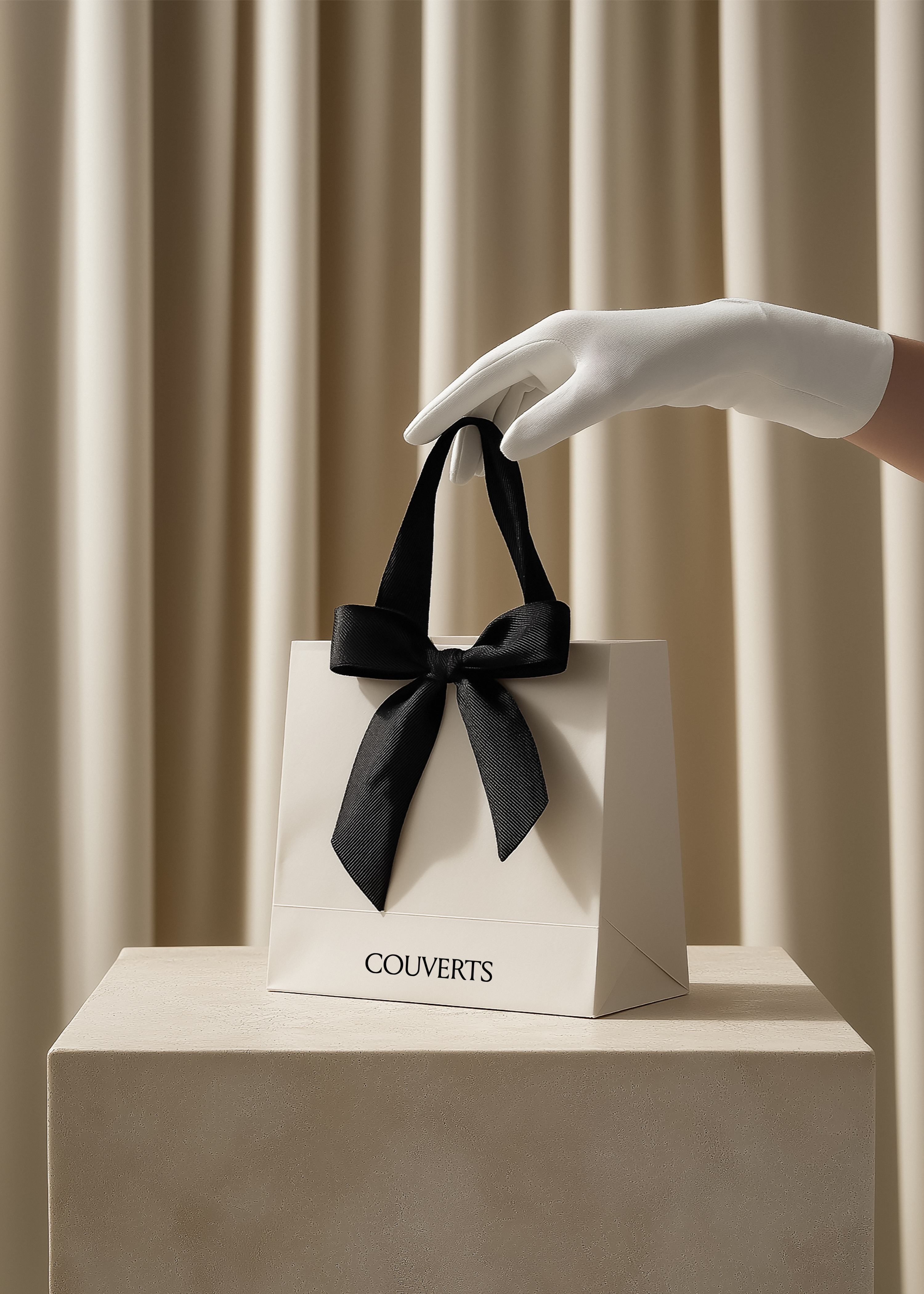 Ivory paper gift bag with black ribbon bow held by white-gloved hand above stone plinth, draped ecru fabric background, luxury editorial styling