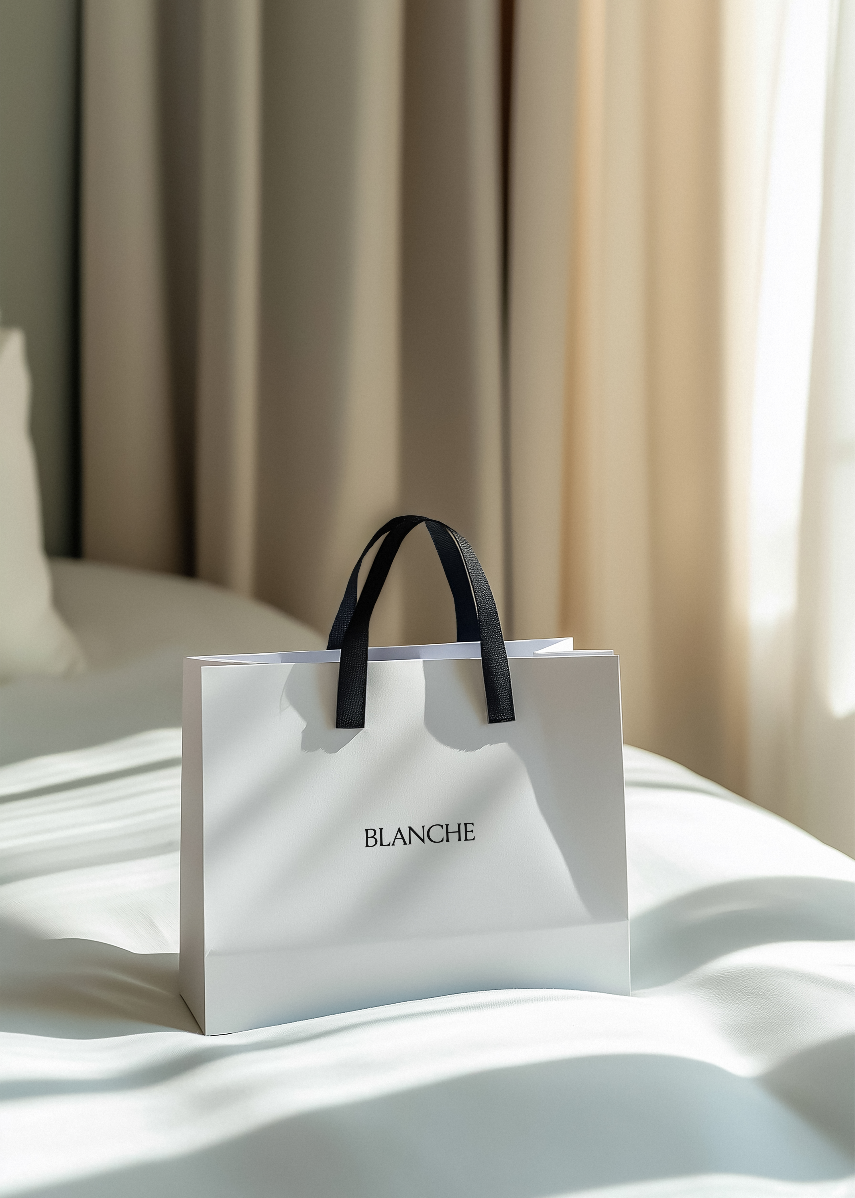 White paper shopping bag with black handles and Blanche logo on white silk bedding in warm morning light