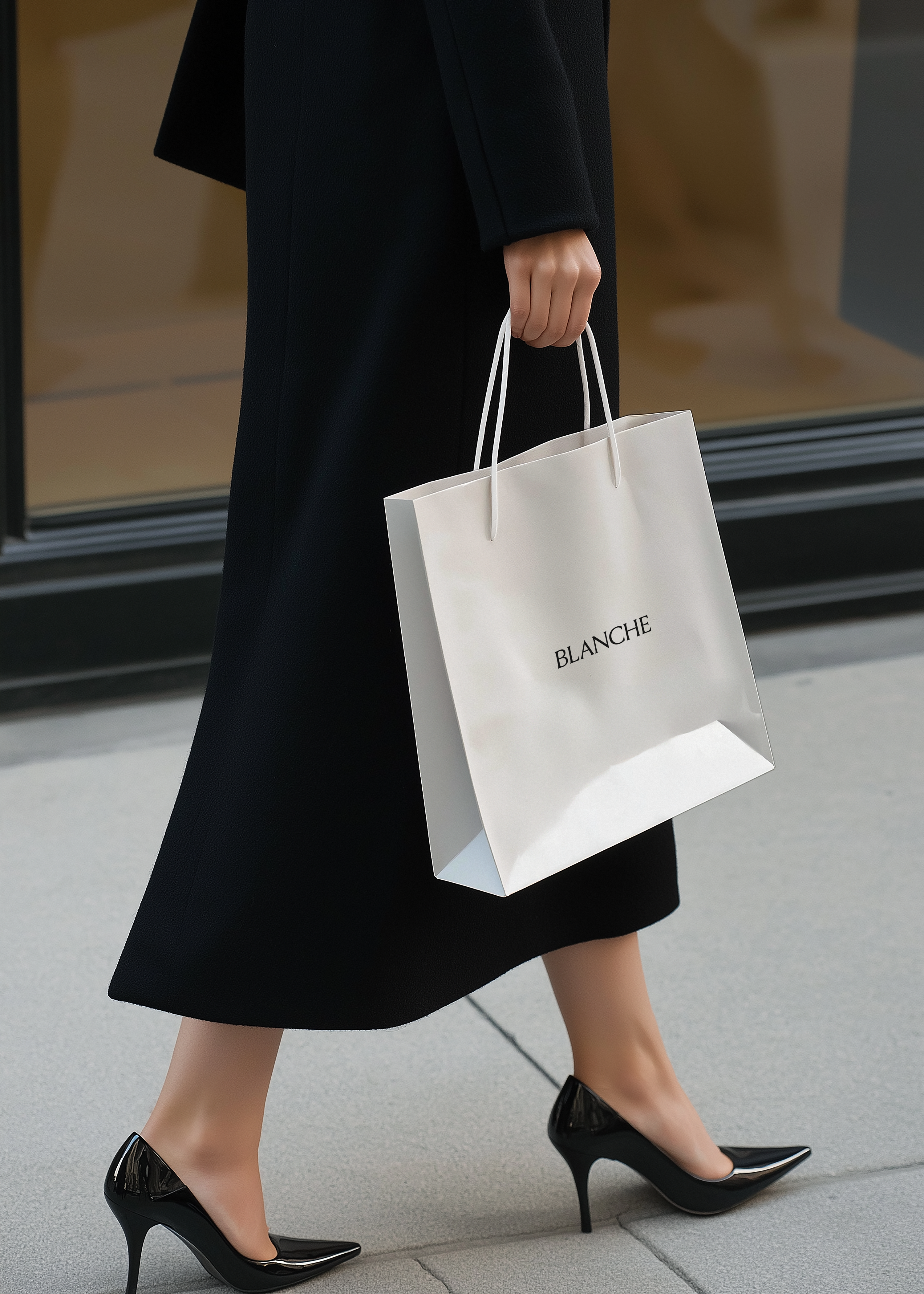 Cream paper shopping bag with Blanche logo carried by a woman in a black coat and heels past a shopfront window