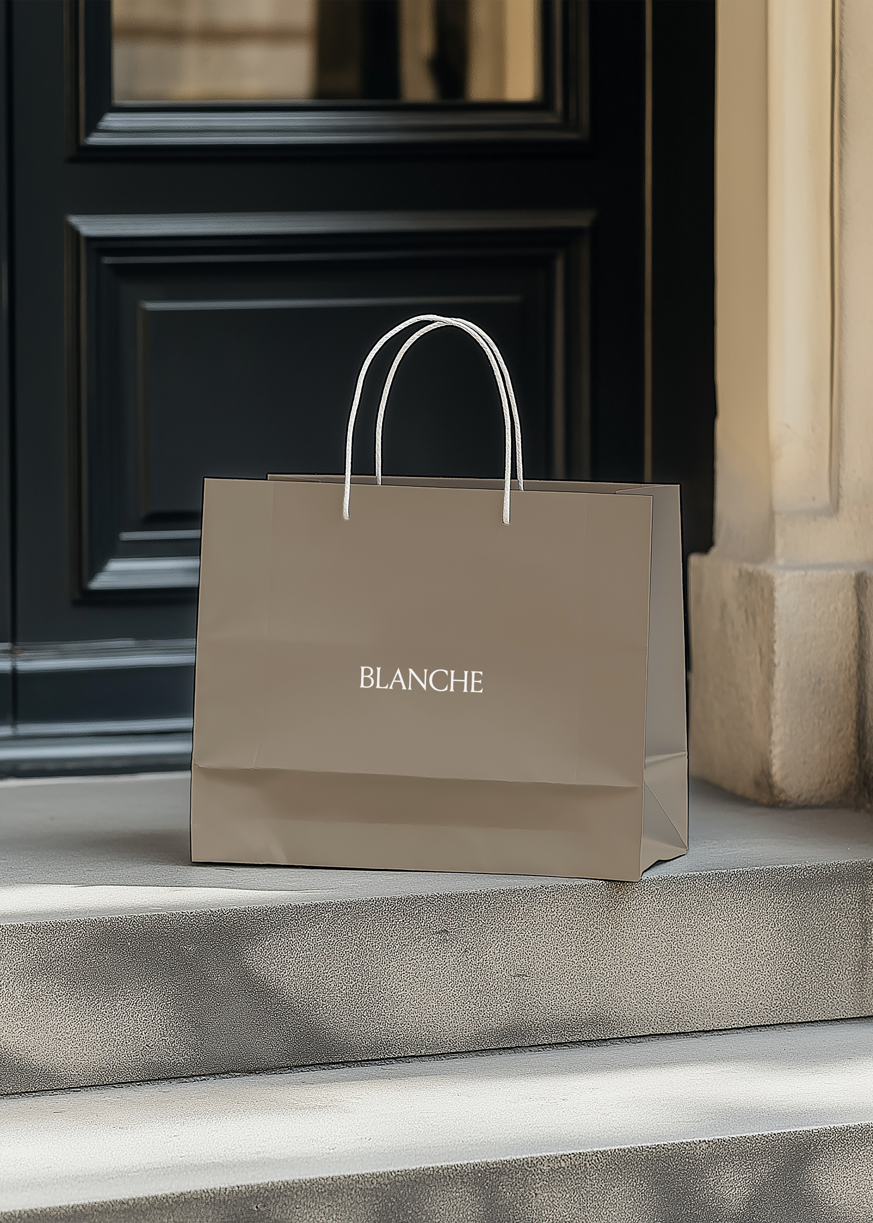 Taupe paper shopping bag with white logo and rope handles on a stone step before a black panelled Parisian door