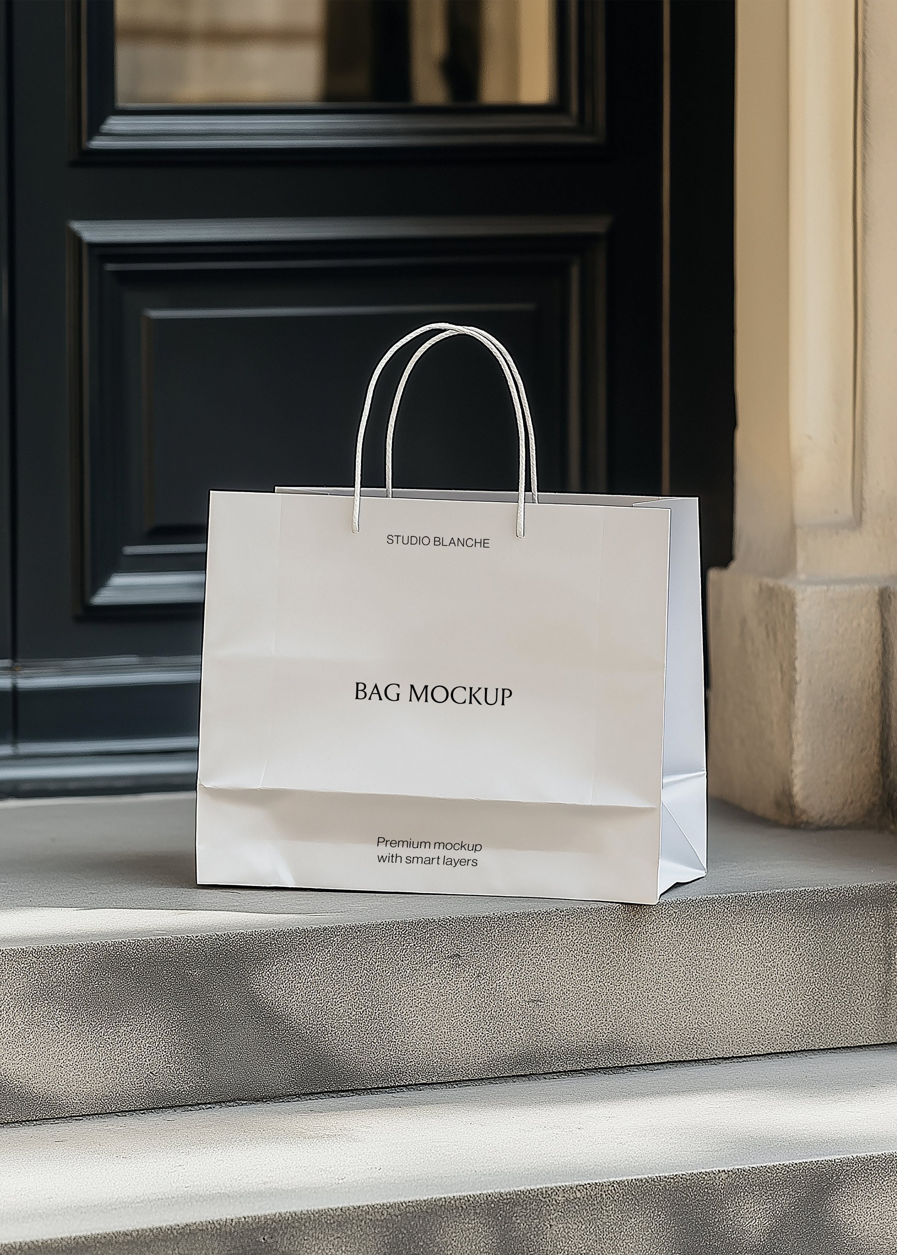 White paper shopping bag mockup with rope handles on a sandstone step, black studio door in soft background light