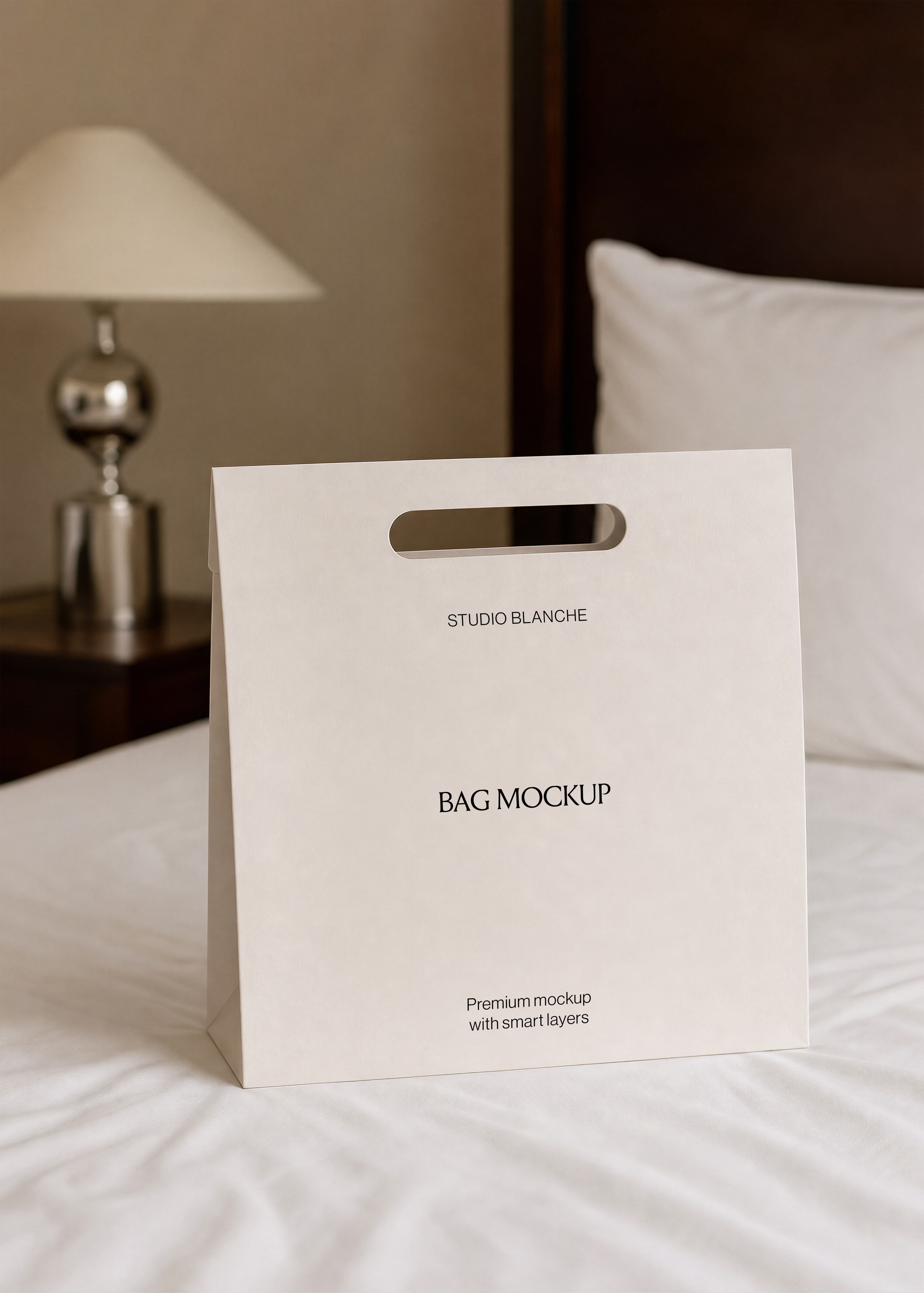 Shopping bag mockup on crisp white bed linen, chrome table lamp and dark wood nightstand blurred behind