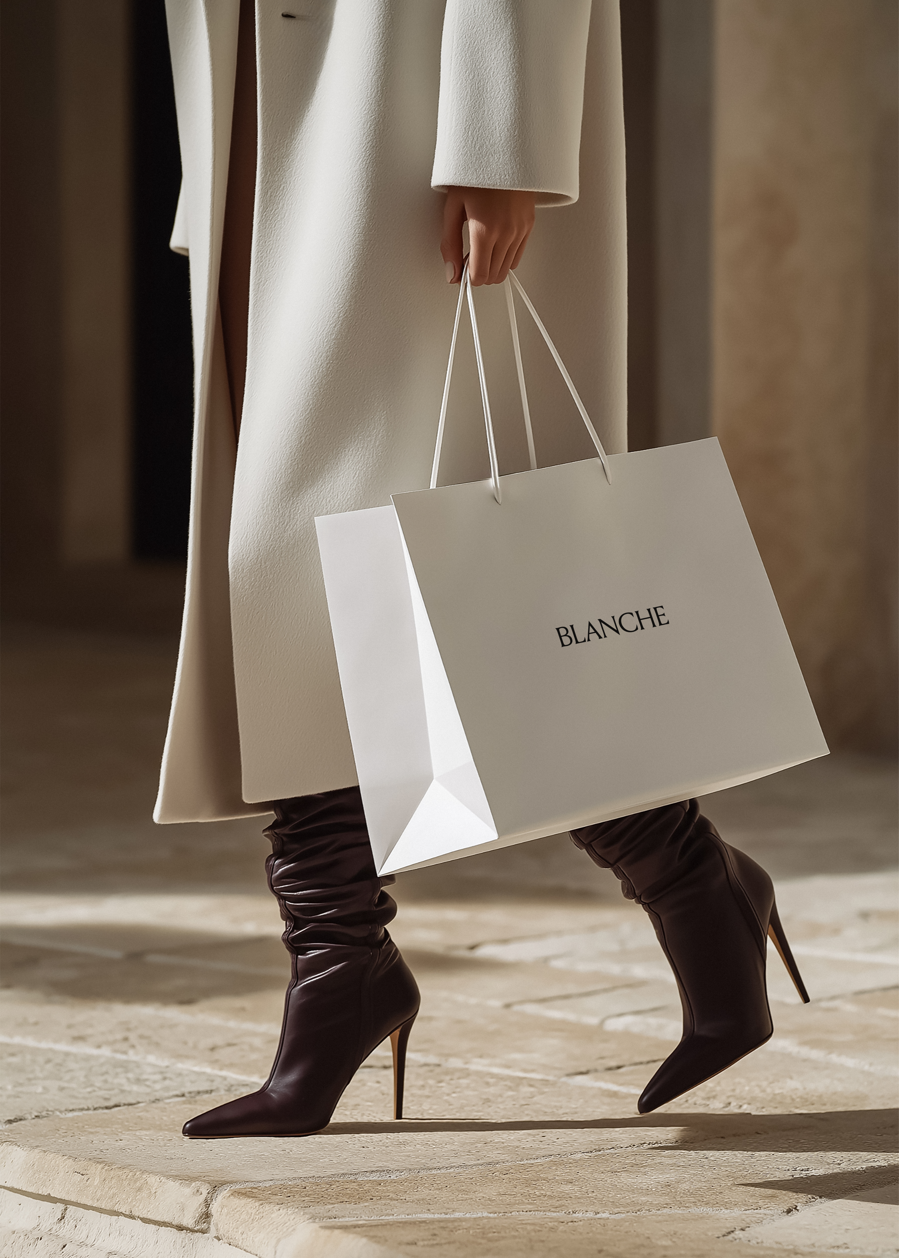 Cream paper shopping bag with Blanche logo carried by a woman in a cream coat and burgundy boots on stone paving