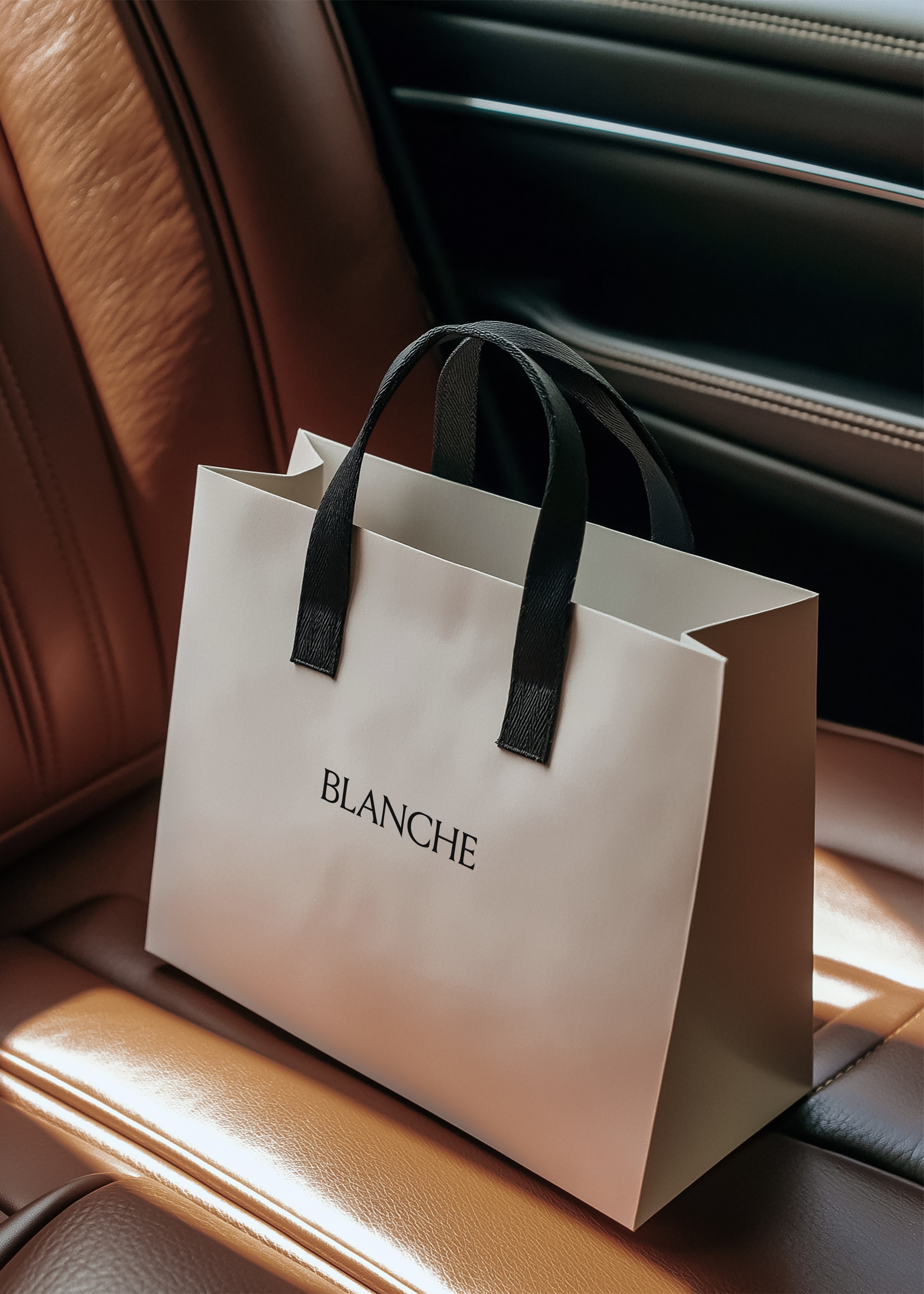Cream paper shopping bag with black handles and Blanche logo on a tan leather car seat in warm sunlight