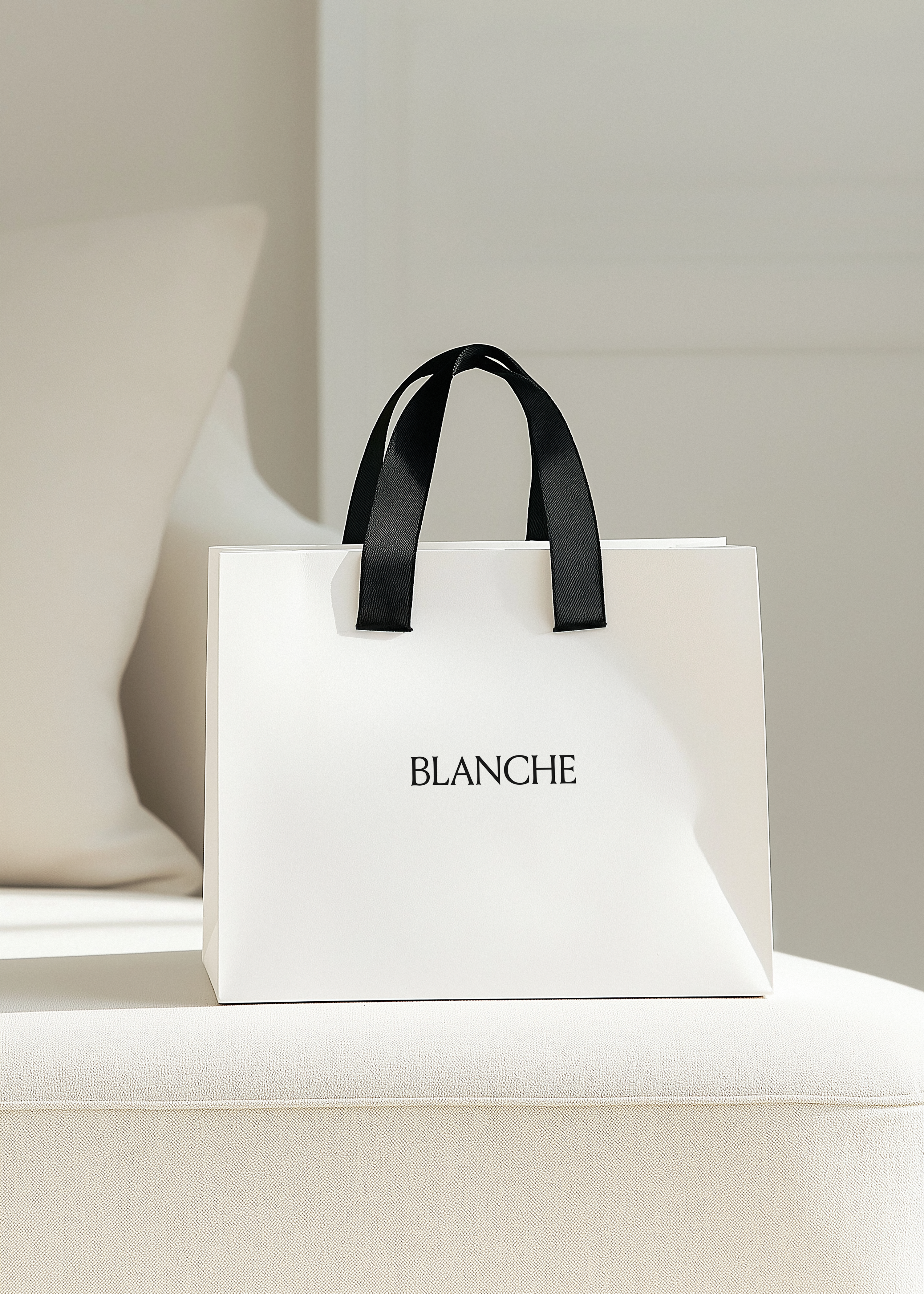 White paper shopping bag with black ribbon handles and Blanche logo on a cream upholstered bench, soft daylight