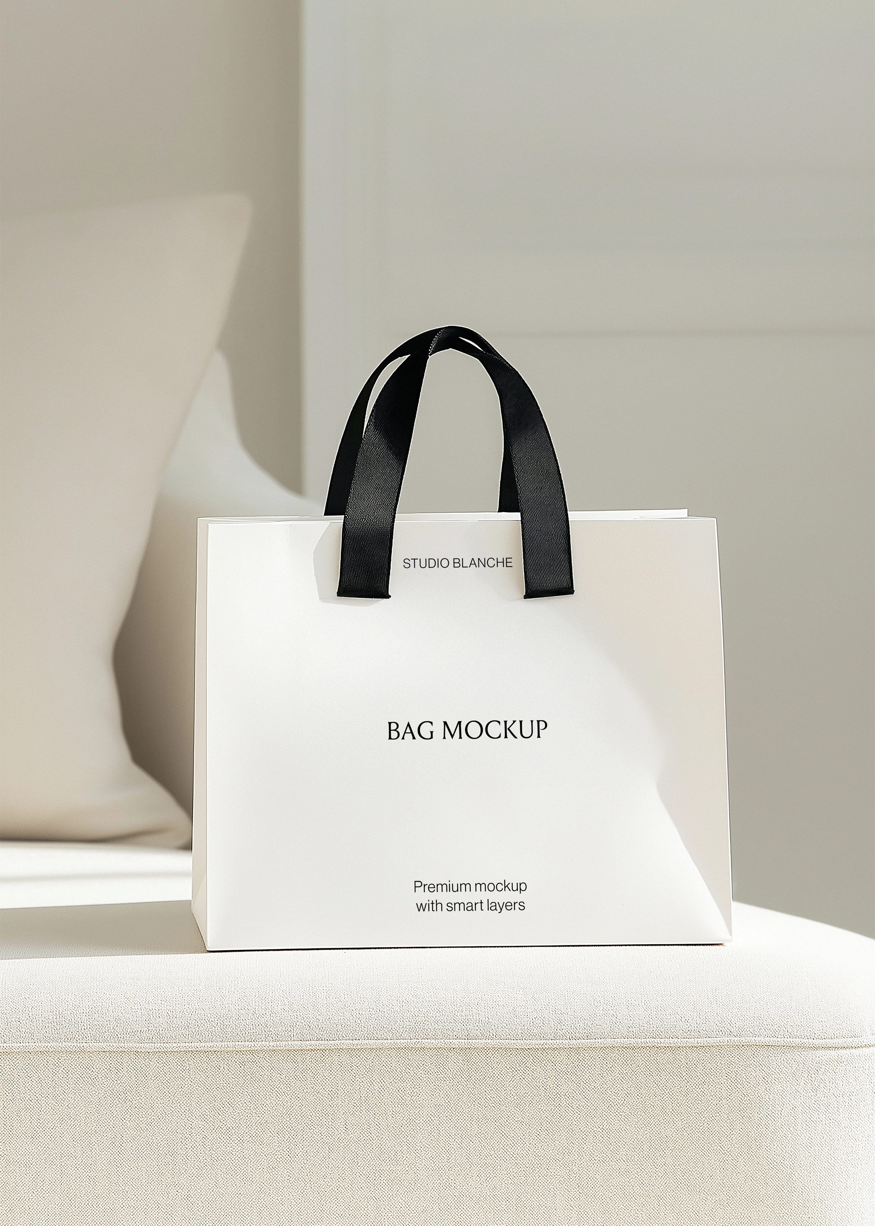 White paper shopping bag mockup with black handles on a cream cushioned surface beside a soft pillow in warm light
