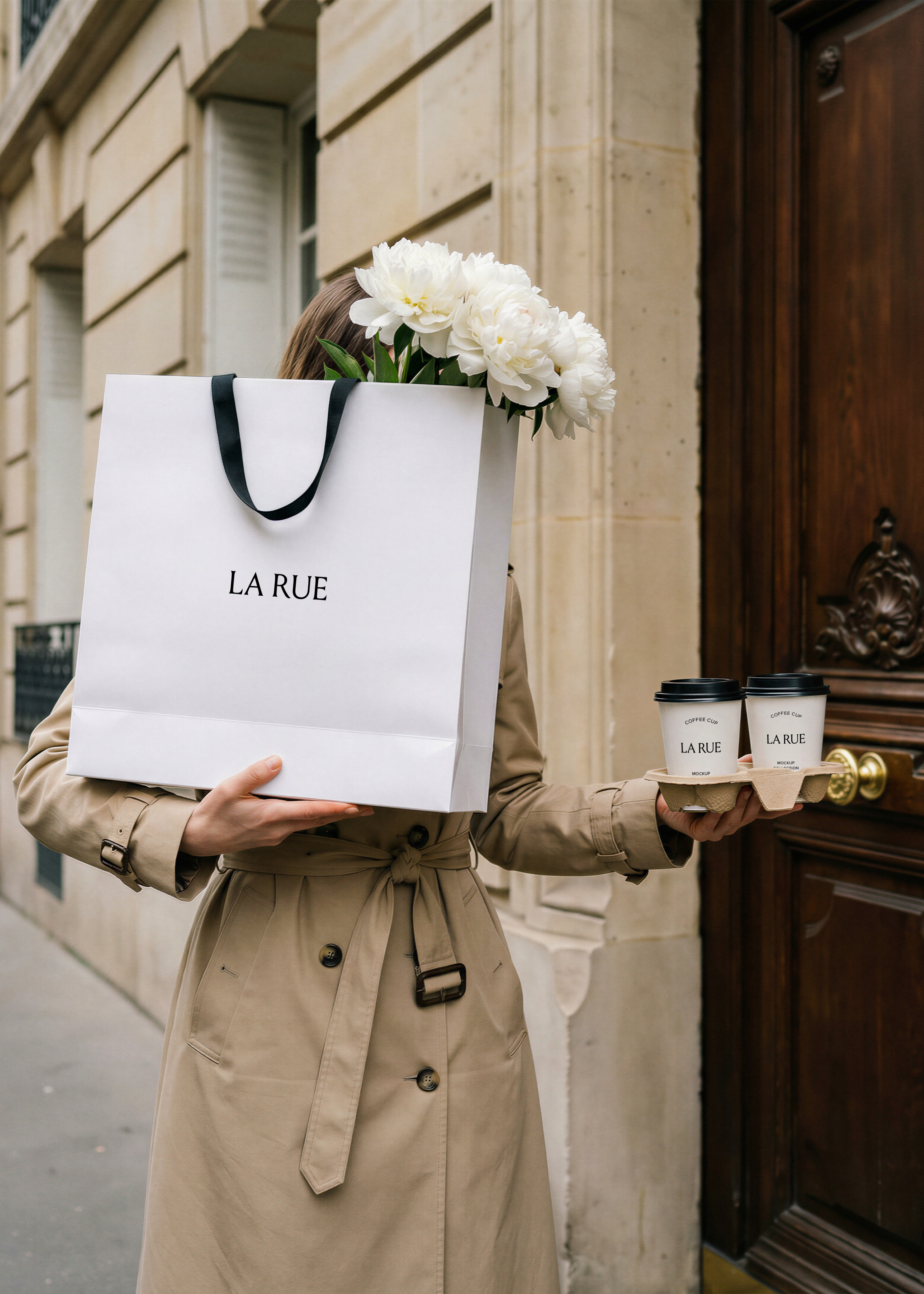 Branded shopping bag and coffee cup mockup styled with peonies and trench coat against sandstone facade and wooden door