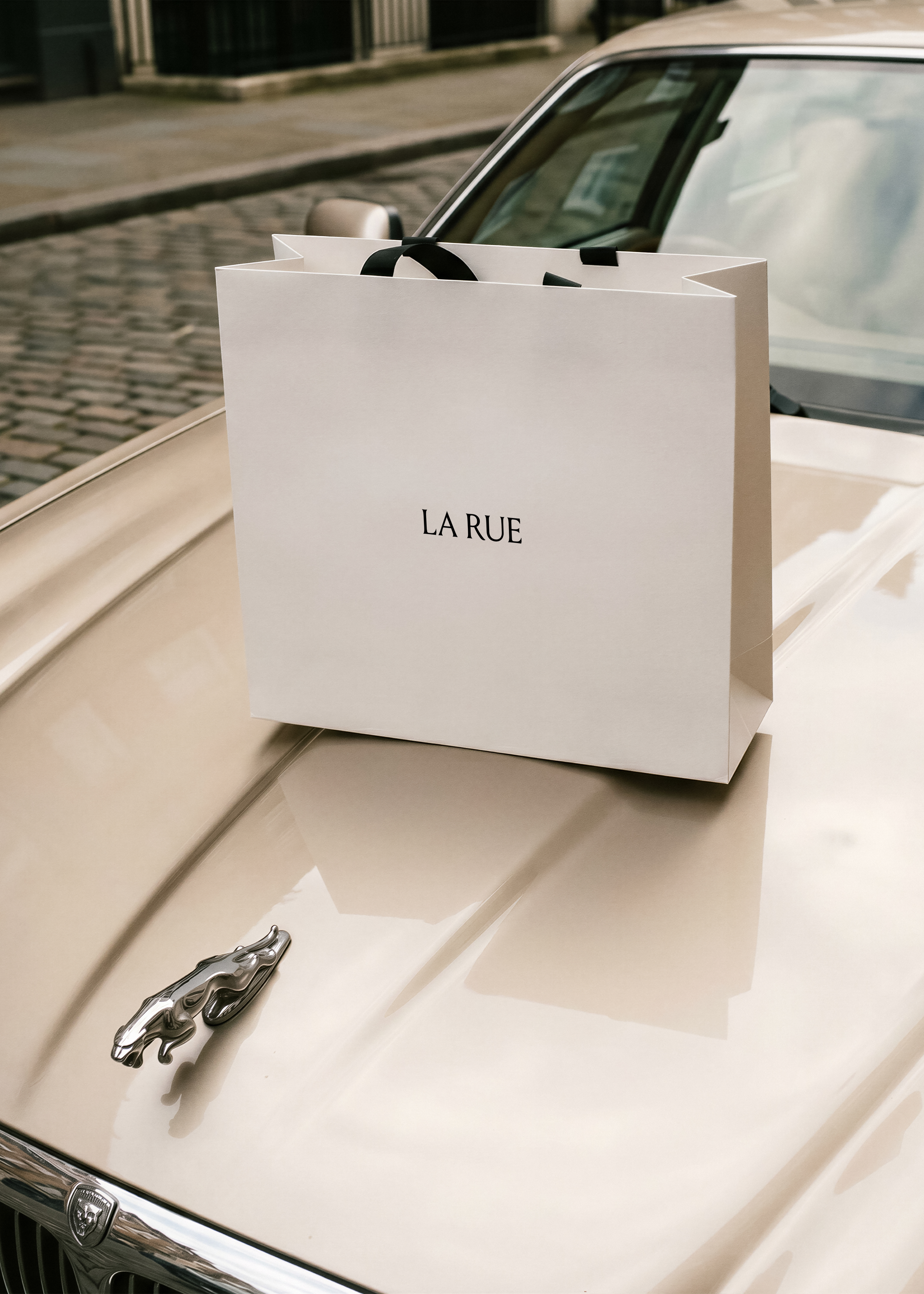 Shopping bag mockup standing on bonnet of cream vintage Jaguar with chrome leaper and cobblestone street in background