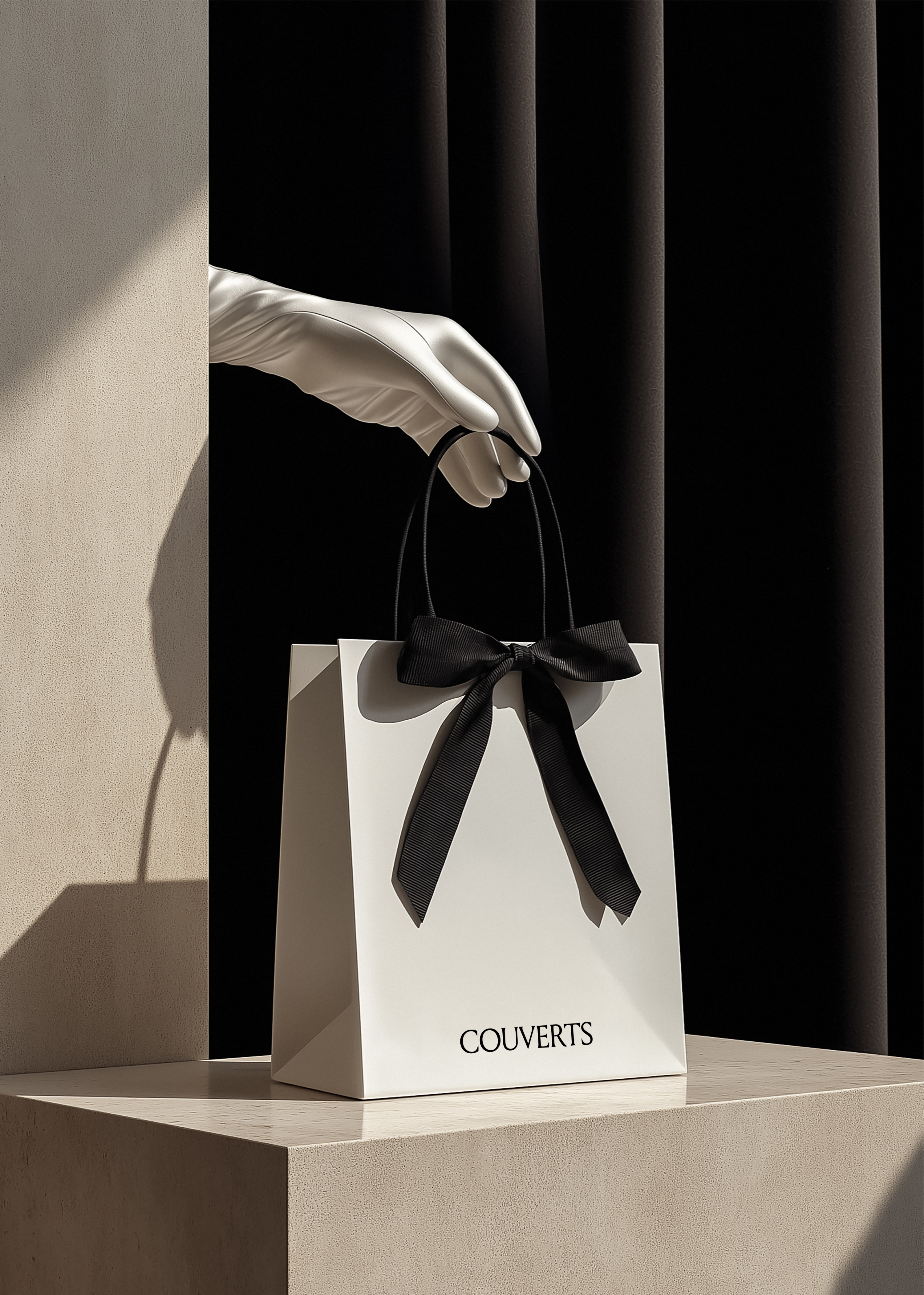 White paper gift bag with black grosgrain bow held by white satin gloved hand, stone plinth, directional shadow, warm and dark split background