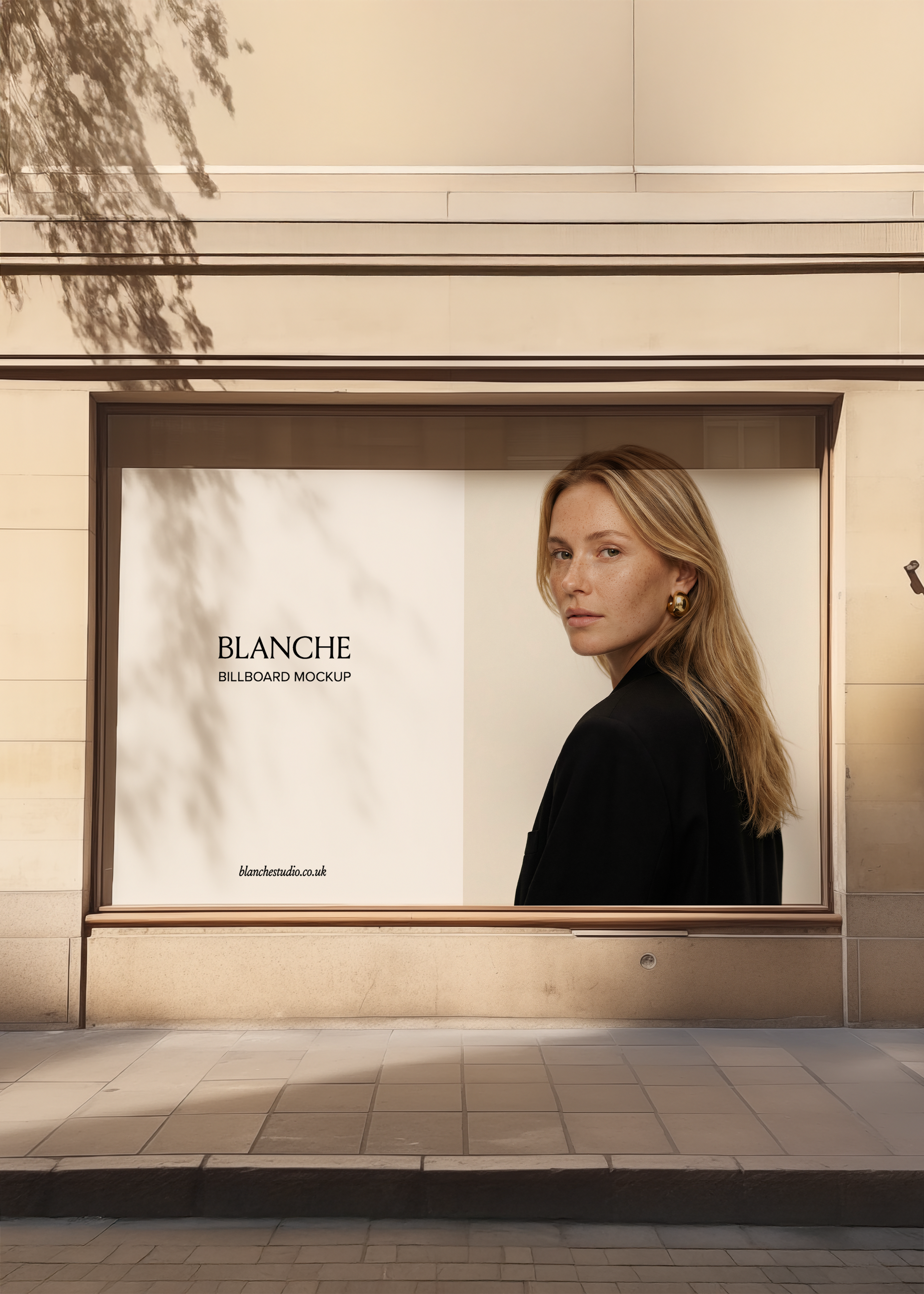 Landscape window billboard mockup in a warm stone shopfront with tree shadow, displaying fashion campaign artwork