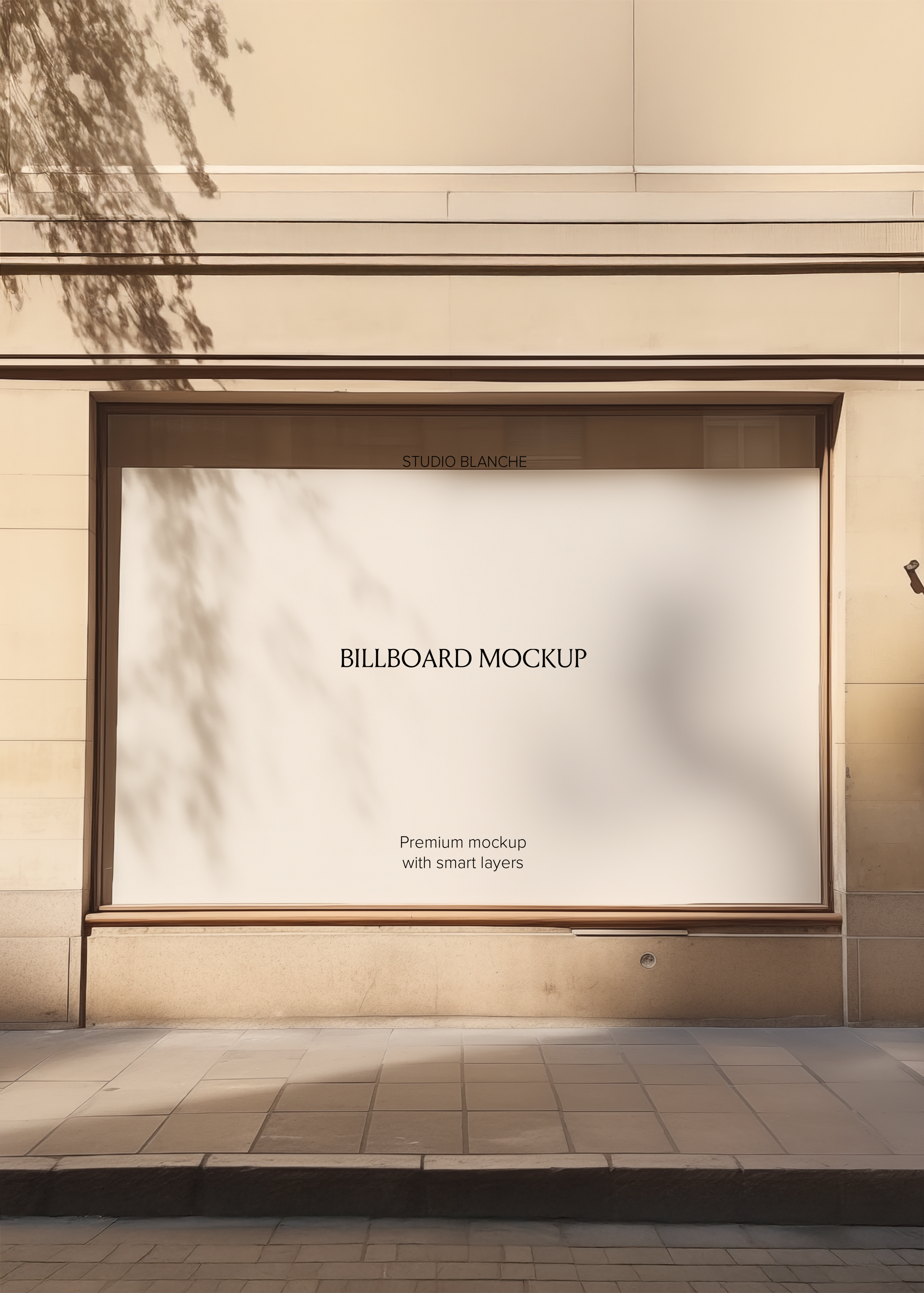Blank landscape window billboard mockup in a bronze-framed shopfront, empty white panel with Studio Blanche label