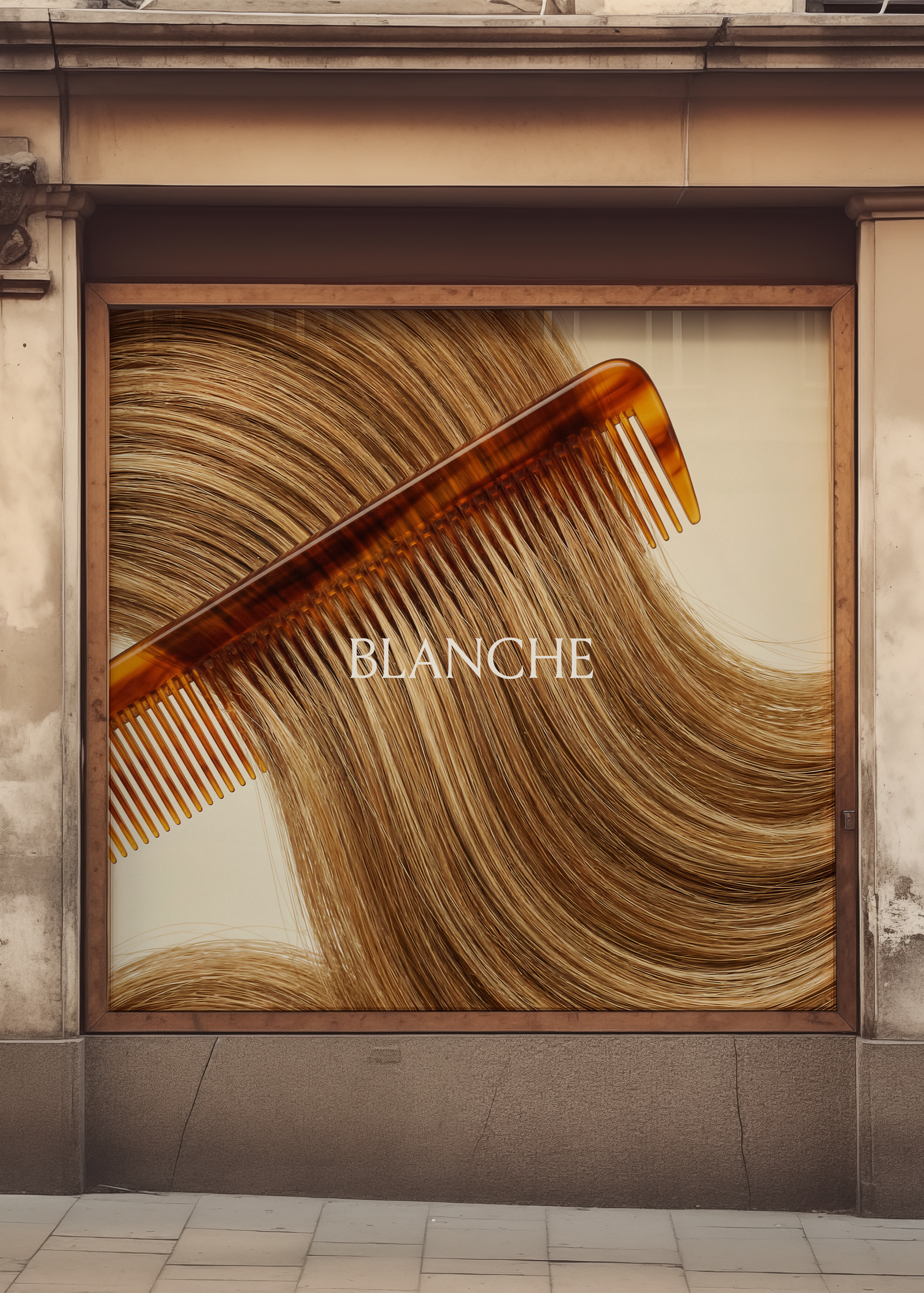 Square window billboard mockup in a wood-framed shopfront on worn European stone, displaying beauty campaign