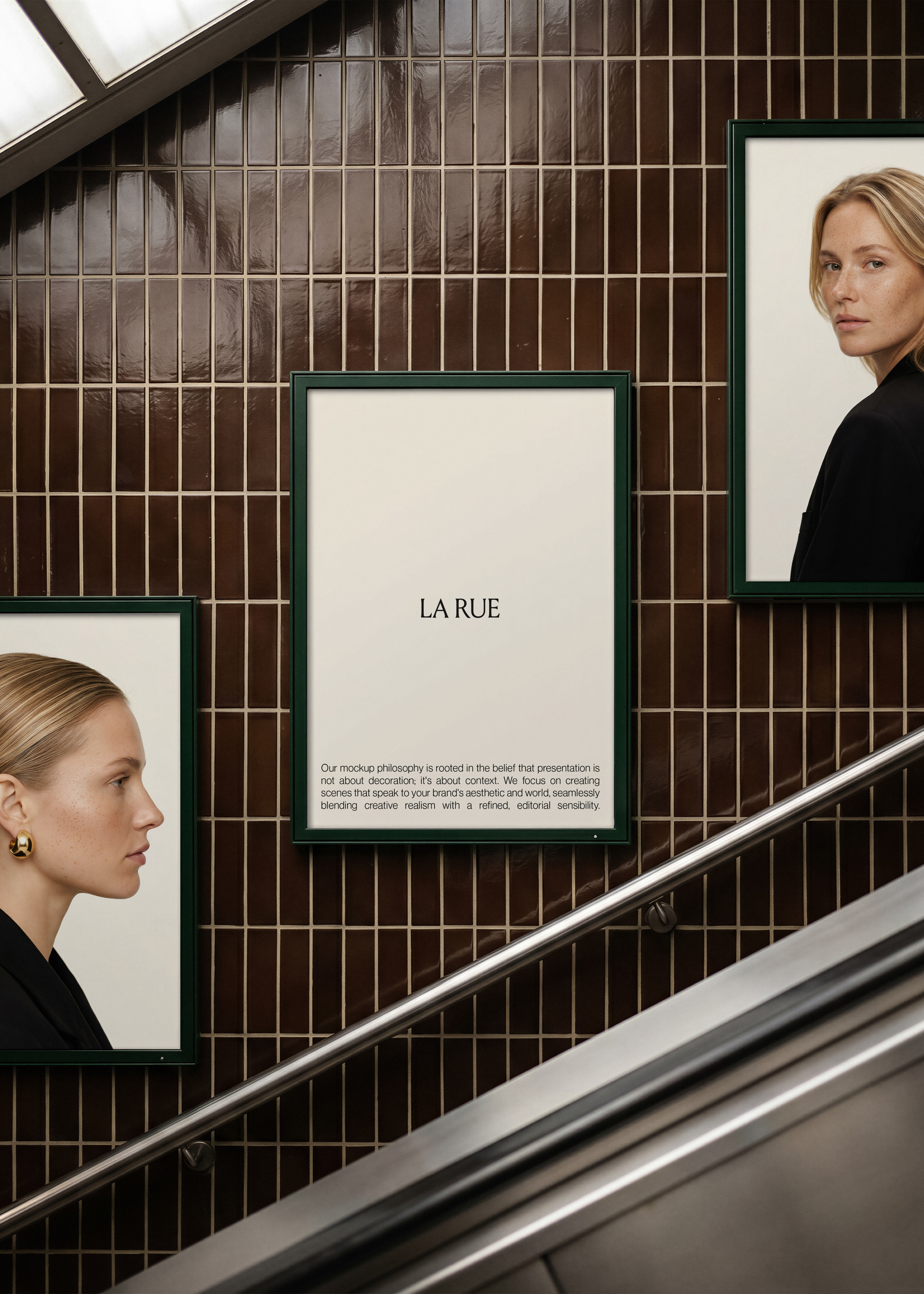 Green-framed billboard mockups on brown tiled metro wall, two showing a blonde model and one with LA RUE text