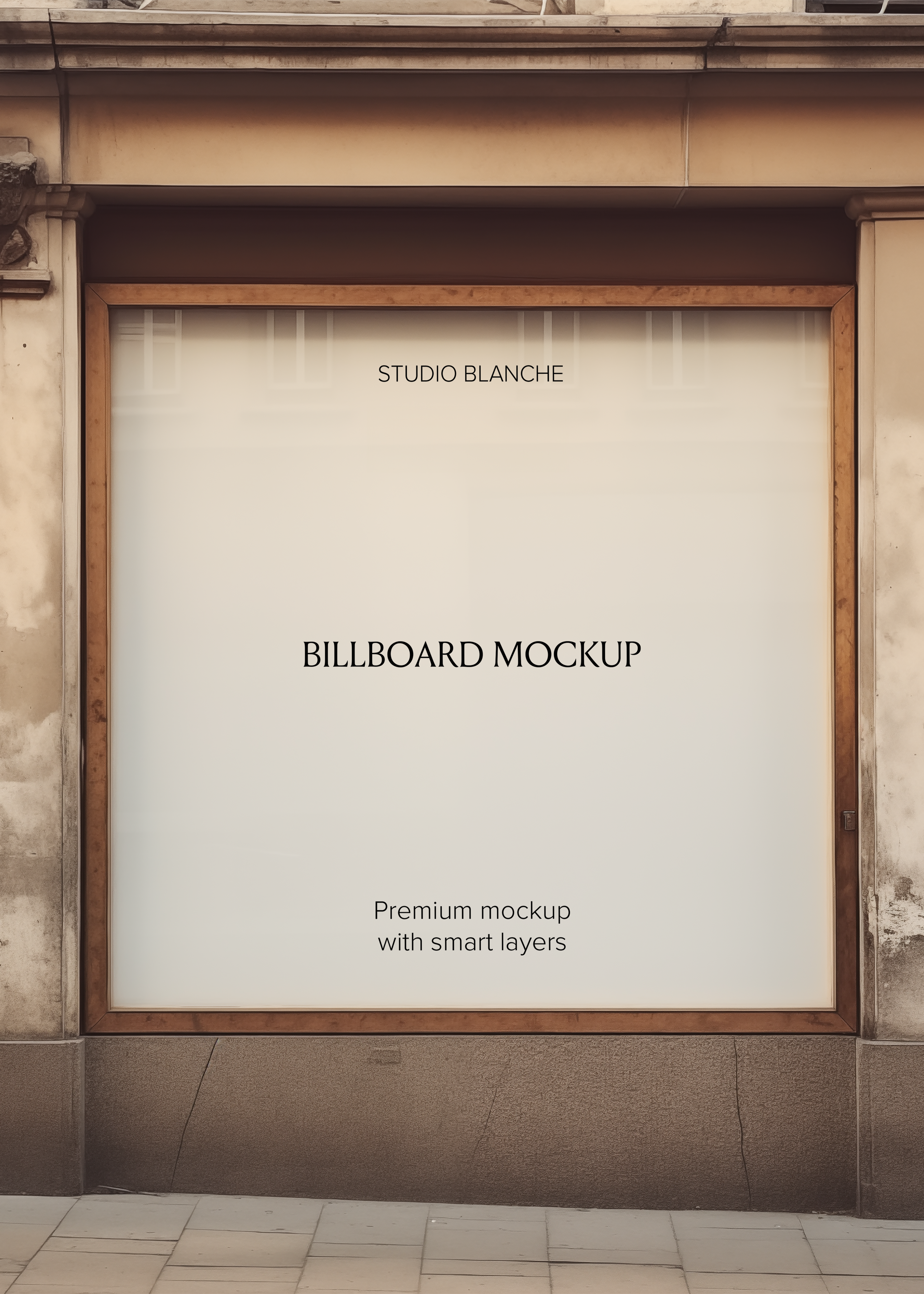 Blank square window billboard mockup in a wood-framed shopfront, empty white panel with Studio Blanche label