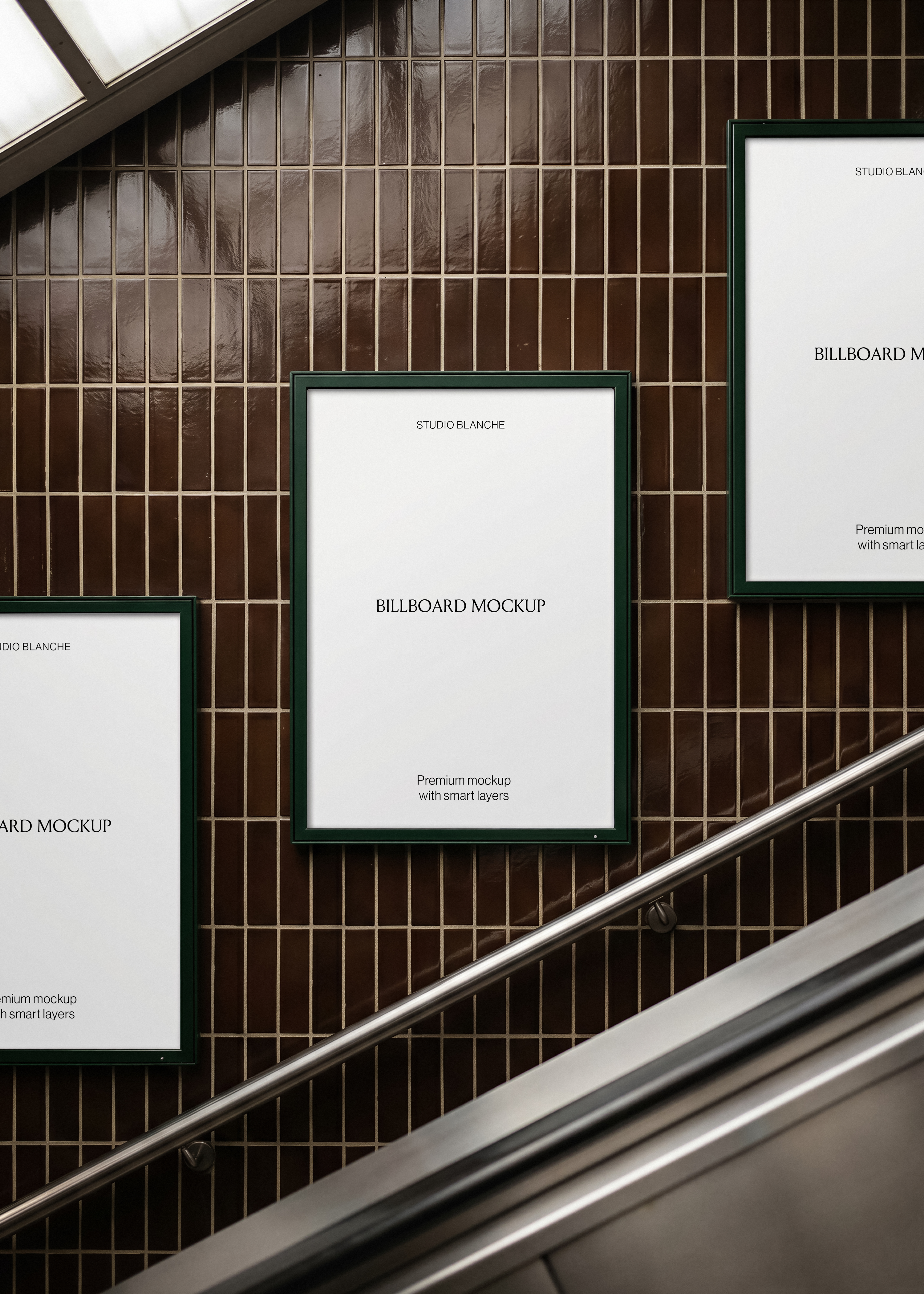 Three green-framed blank billboard mockups on a glossy brown tiled wall beside a metro station escalator