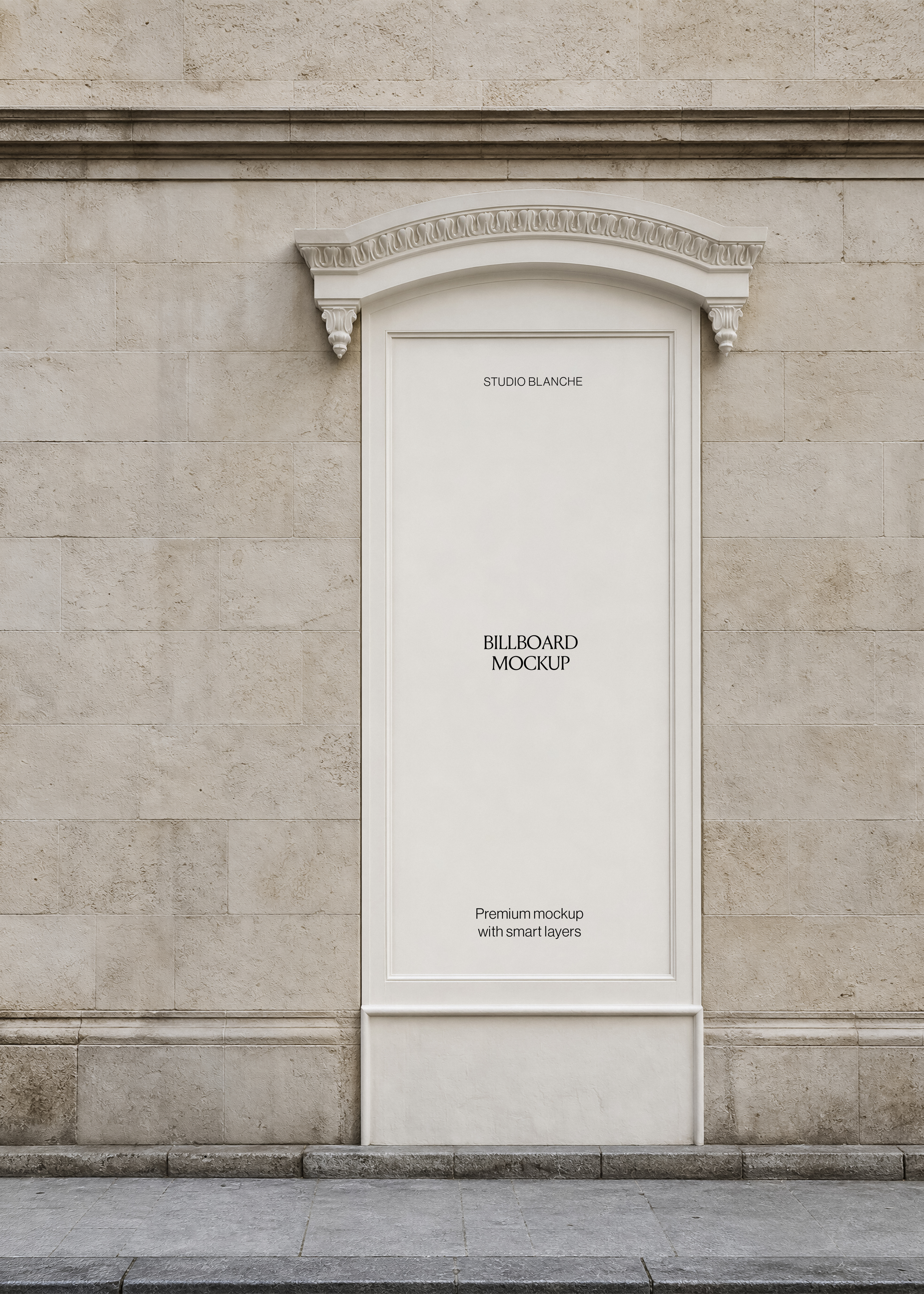 Blank vertical billboard mockup framed by ornate white plaster arch on stone facade above grey pavement