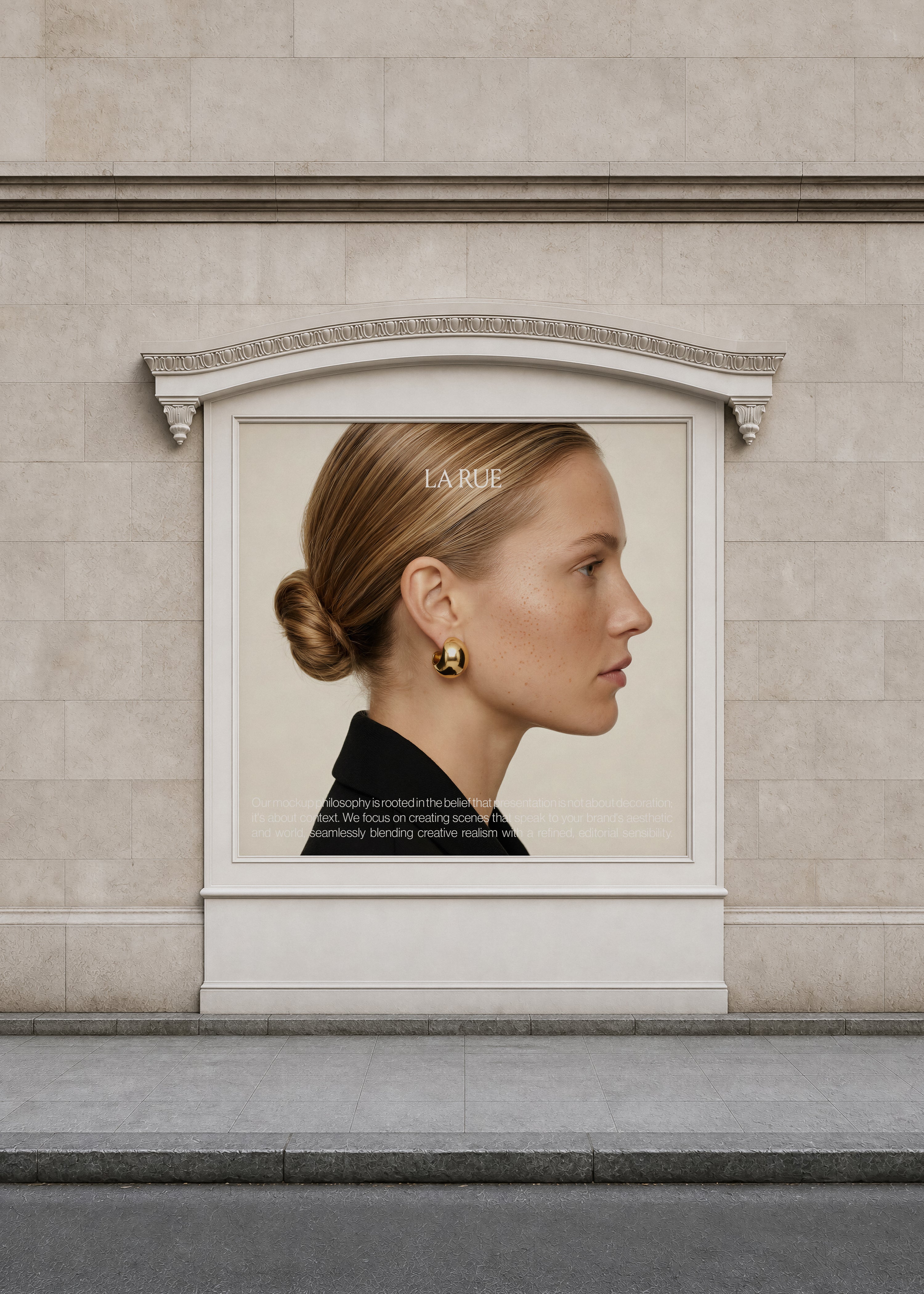 Square billboard mockup on limestone wall showing profile portrait of woman with gold earring and low bun
