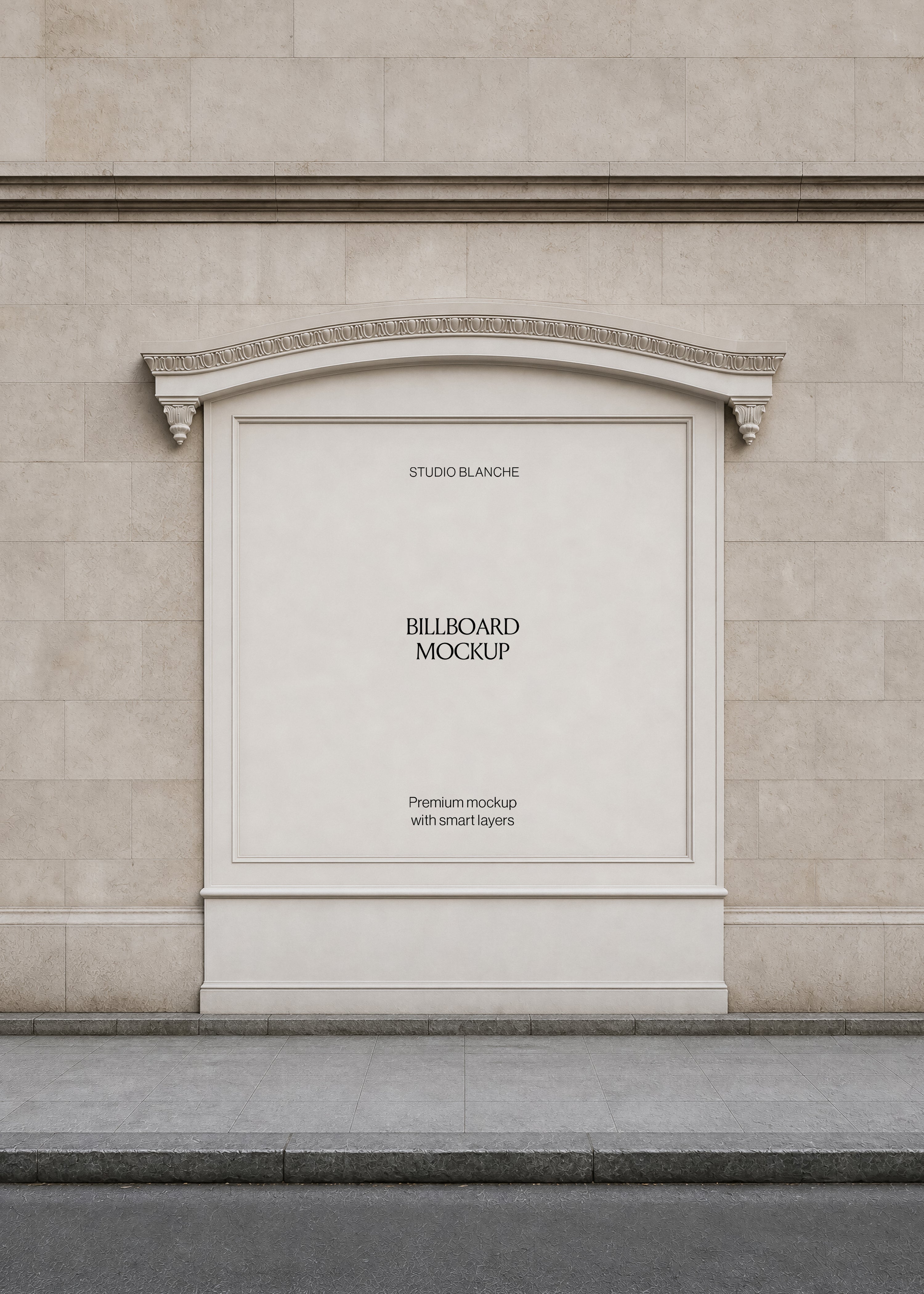 Blank square billboard mockup with arched plaster pediment on pale limestone wall above grey stone pavement