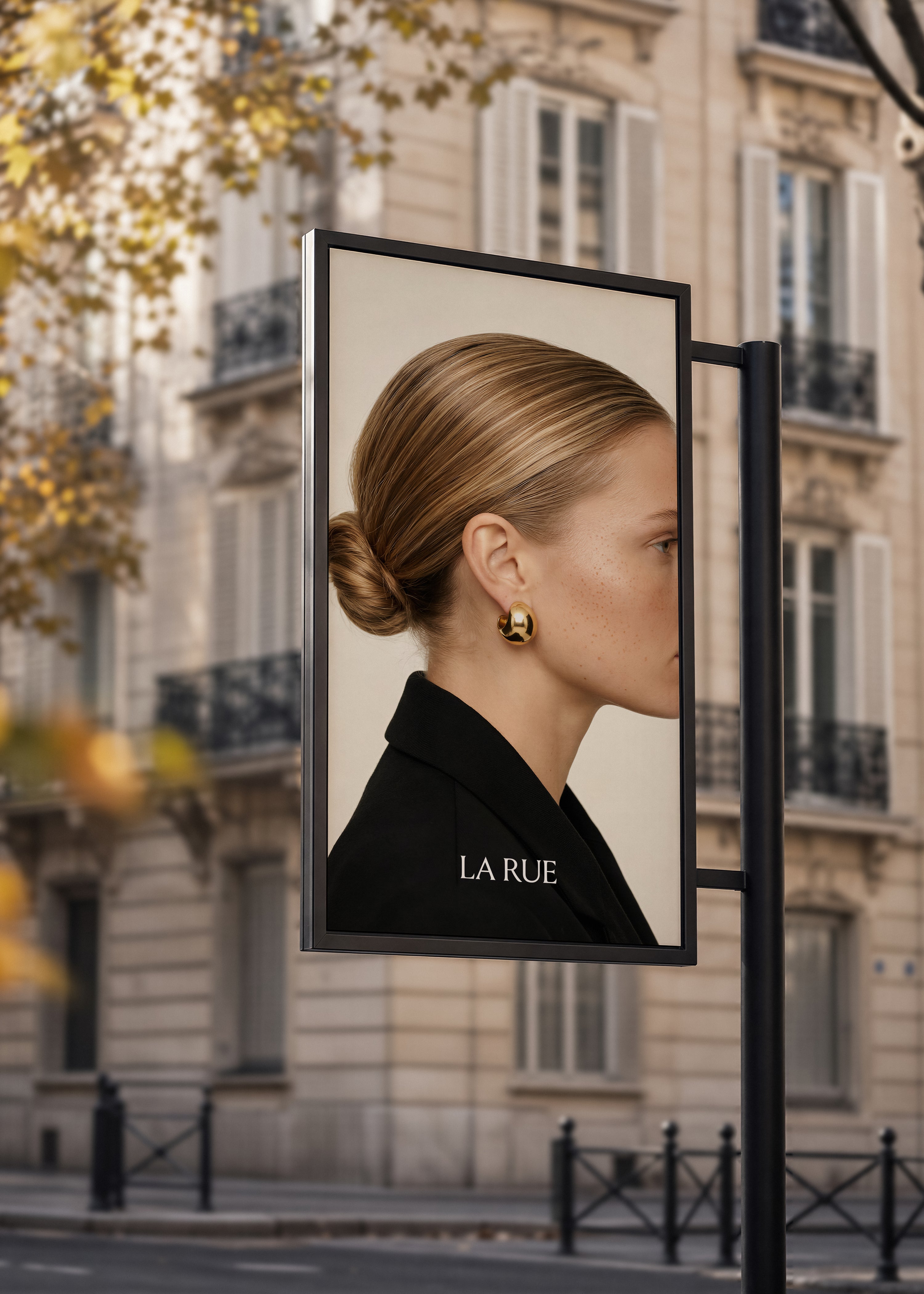 Hanging billboard mockup in black frame on street pole showing profile portrait of woman with gold earring