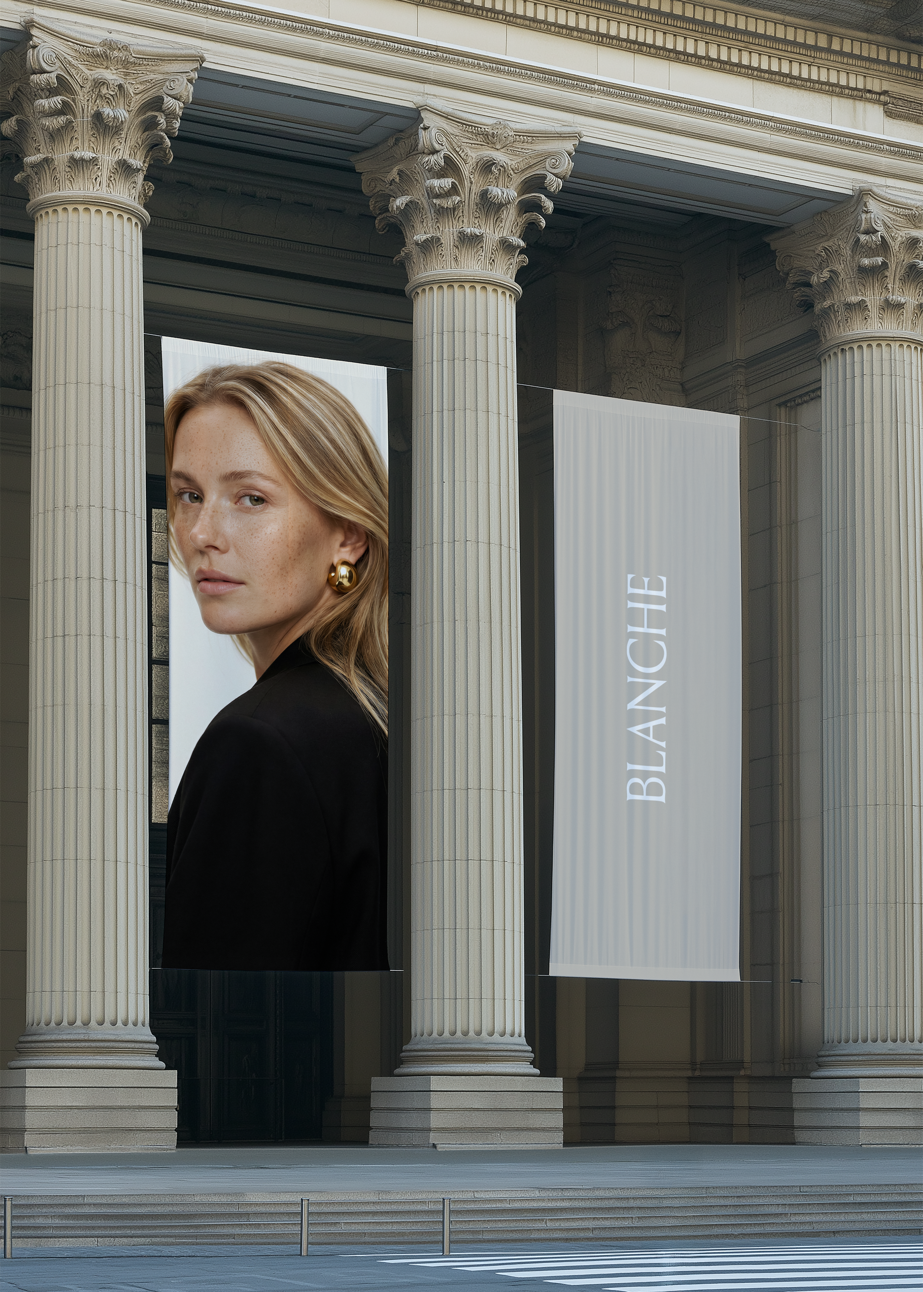 Two hanging tapestry billboard mockups between Corinthian columns, displaying paired fashion campaign banners