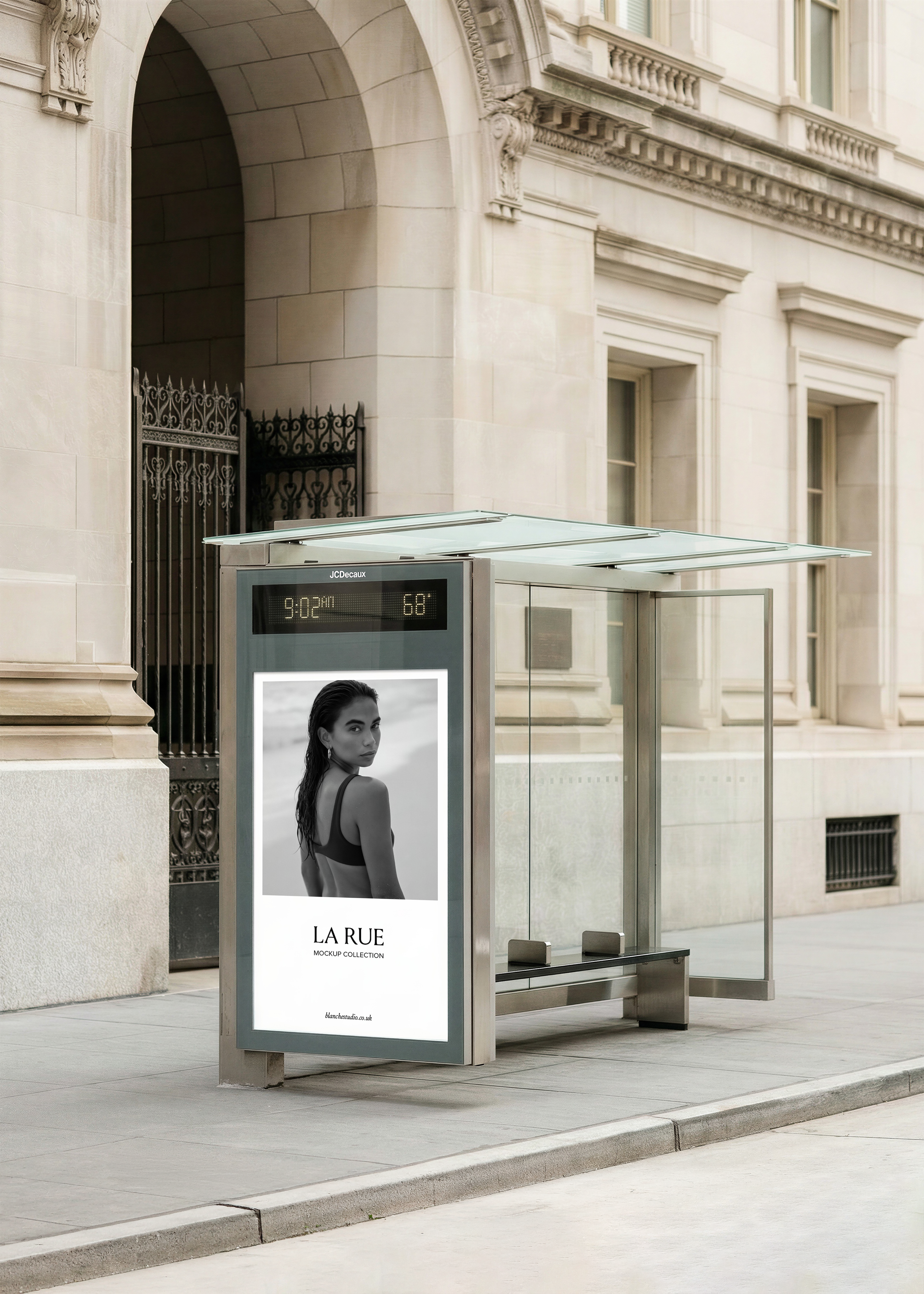 Bus shelter billboard mockup with luxury fashion campaign on a New York city street, from Studio Blanche