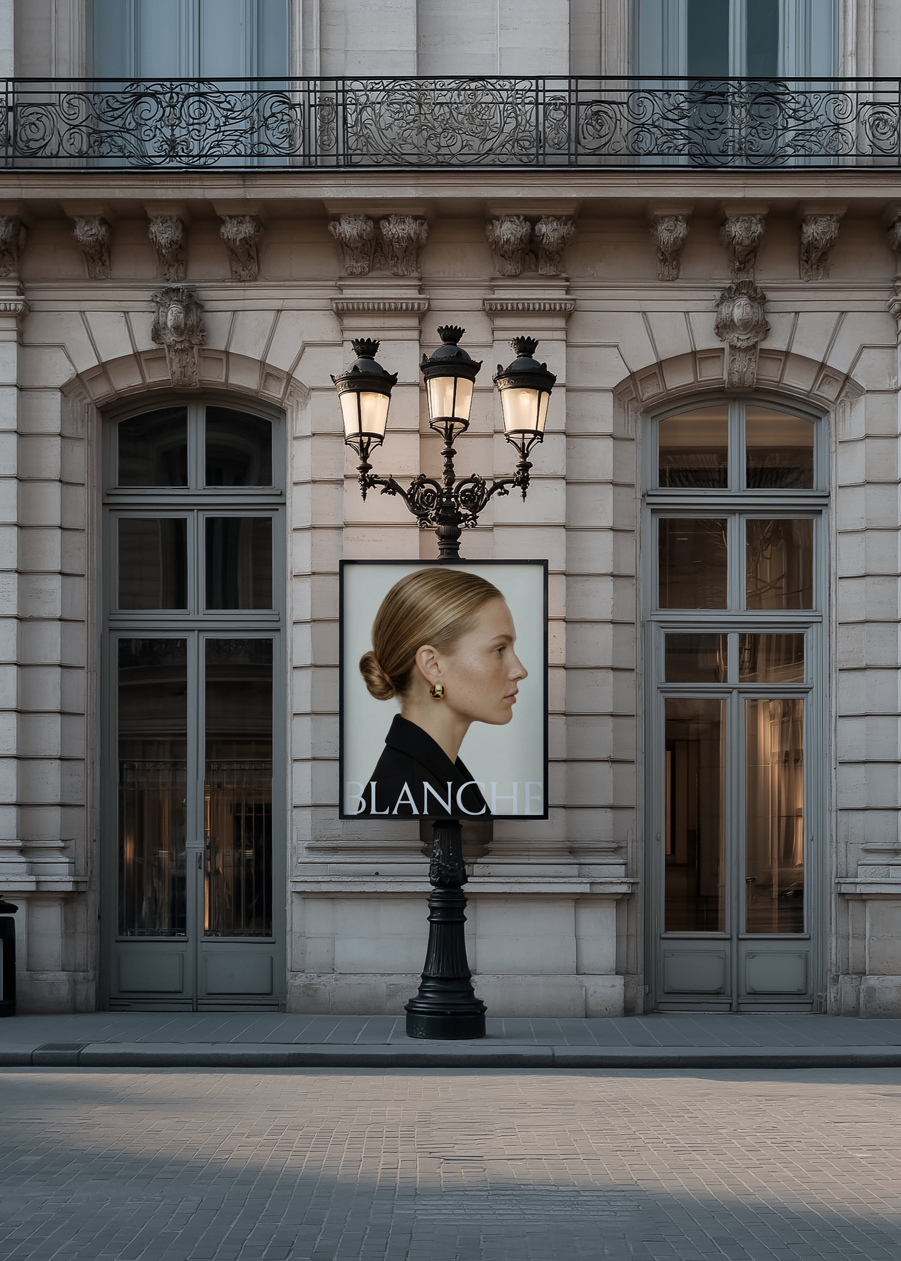 Lamp post billboard mockup on a dusk-lit Parisian street, Haussmann facade behind, displaying fashion campaign