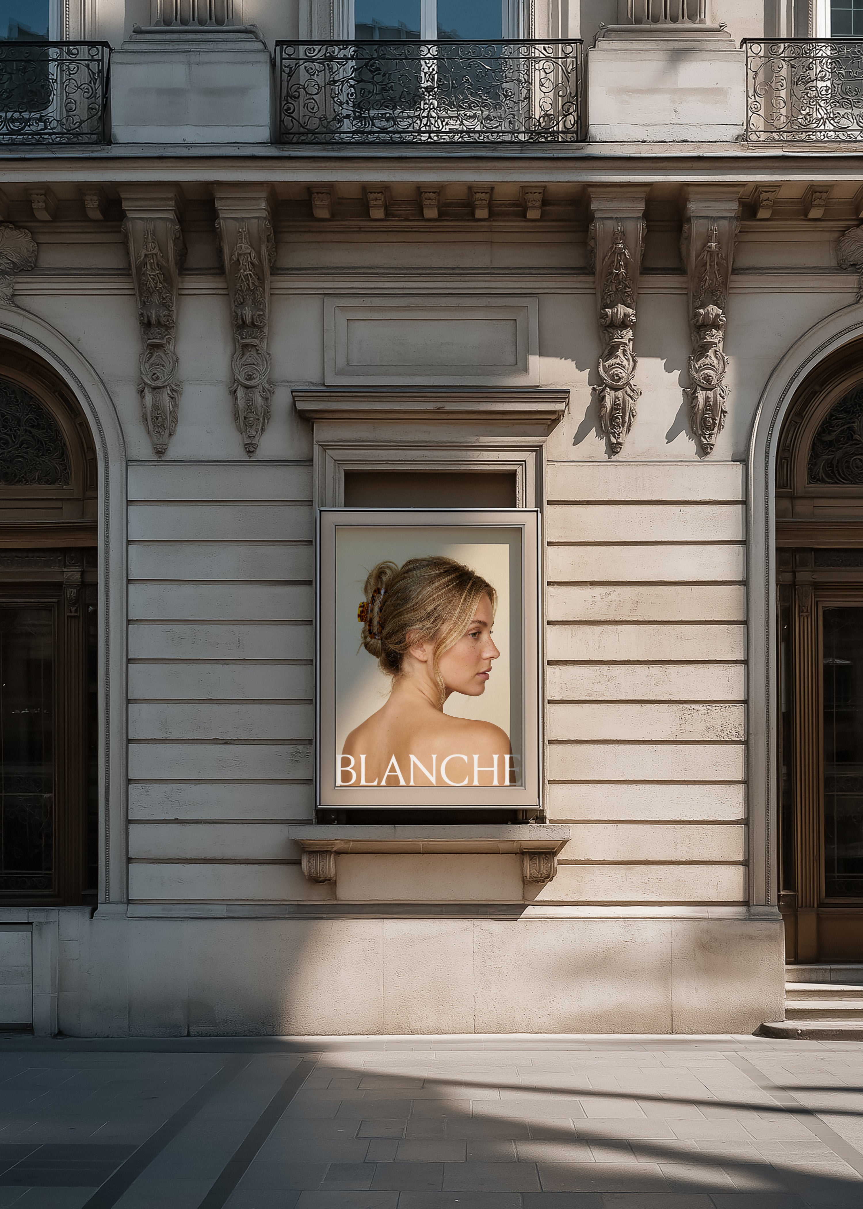 Window billboard mockup in a carved stone recess on a Haussmann facade, displaying beauty campaign artwork
