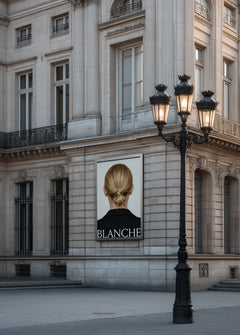 Billboard mockup on a Haussmann corner facade at dusk beside an ornate lamp post, displaying fashion campaign
