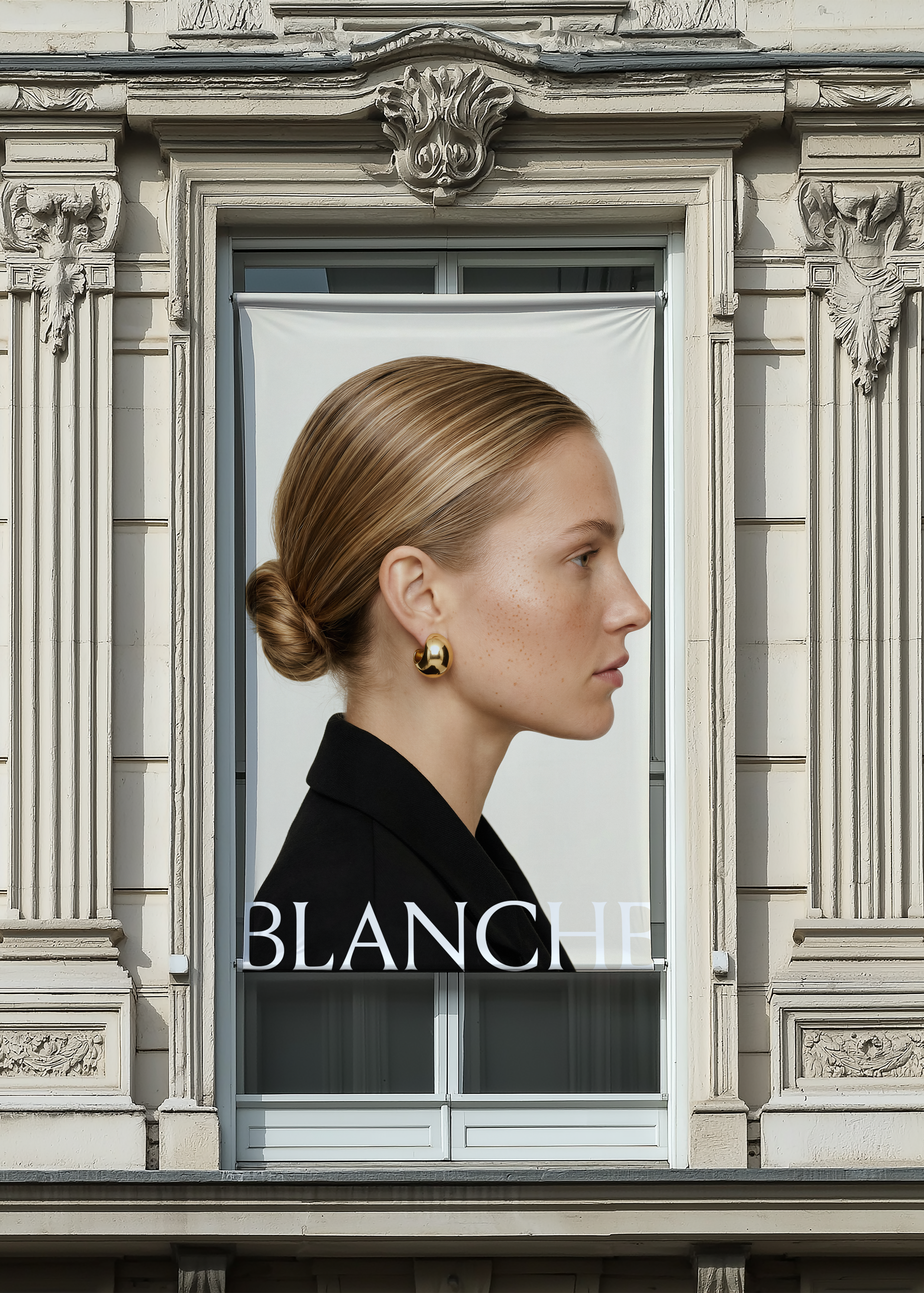 Window billboard mockup in ornate carved stone facade on a Parisian building, banner with fashion campaign artwork
