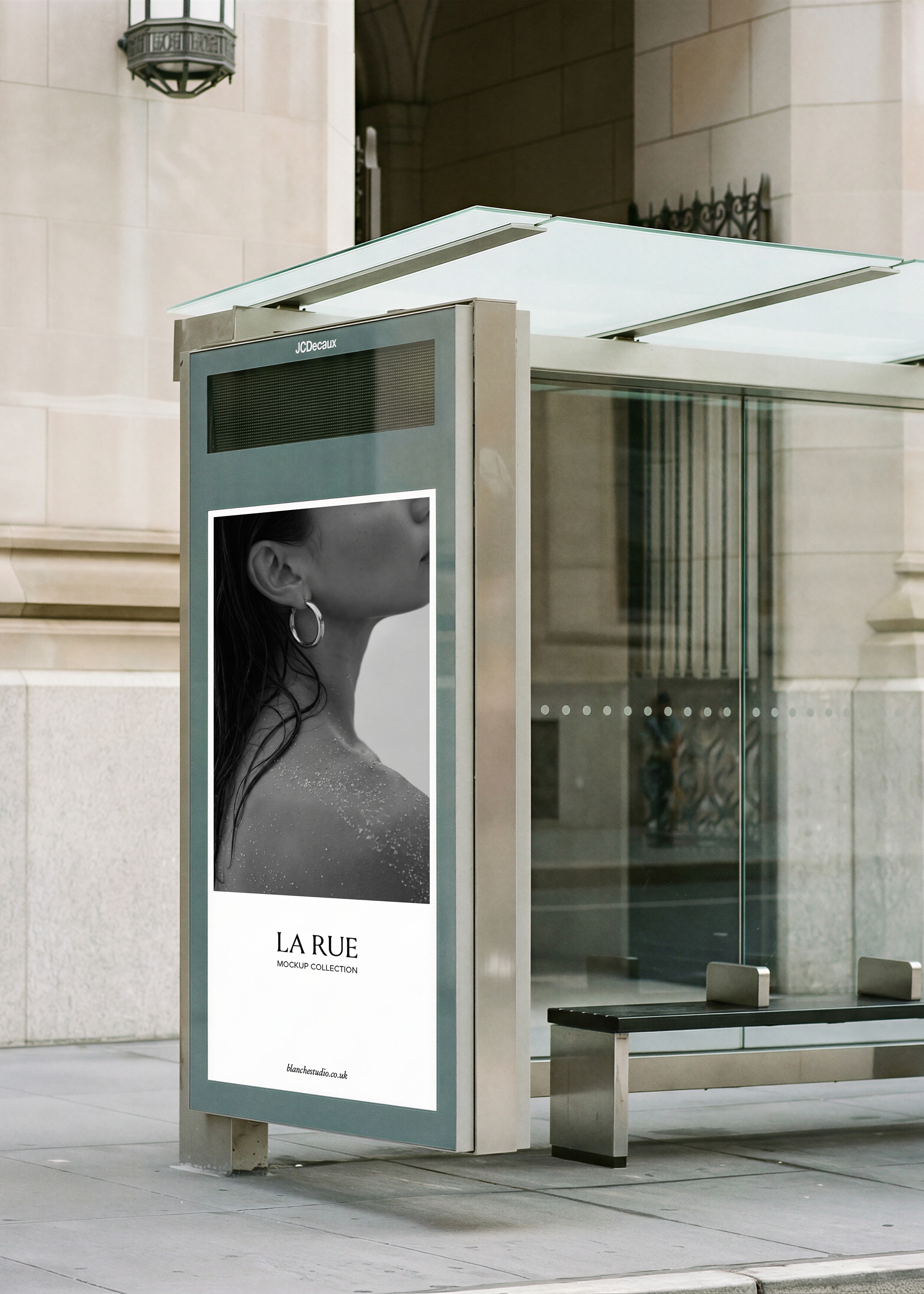 Bus shelter billboard mockup with luxury beauty campaign on New York pavement, from Studio Blanche