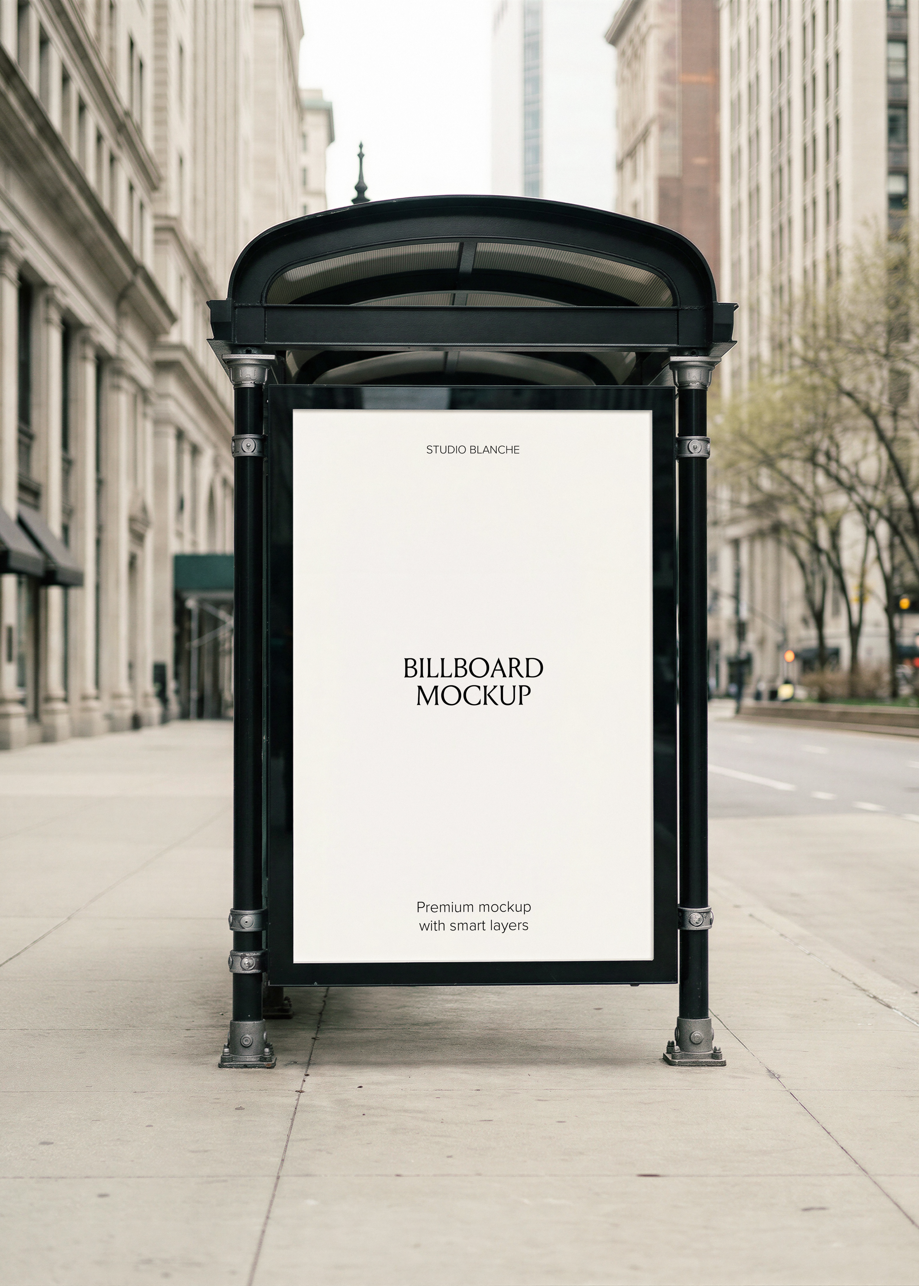 Billboard bus stop mockup showing fashion campaign poster in black frame shelter on urban street lined with bare trees