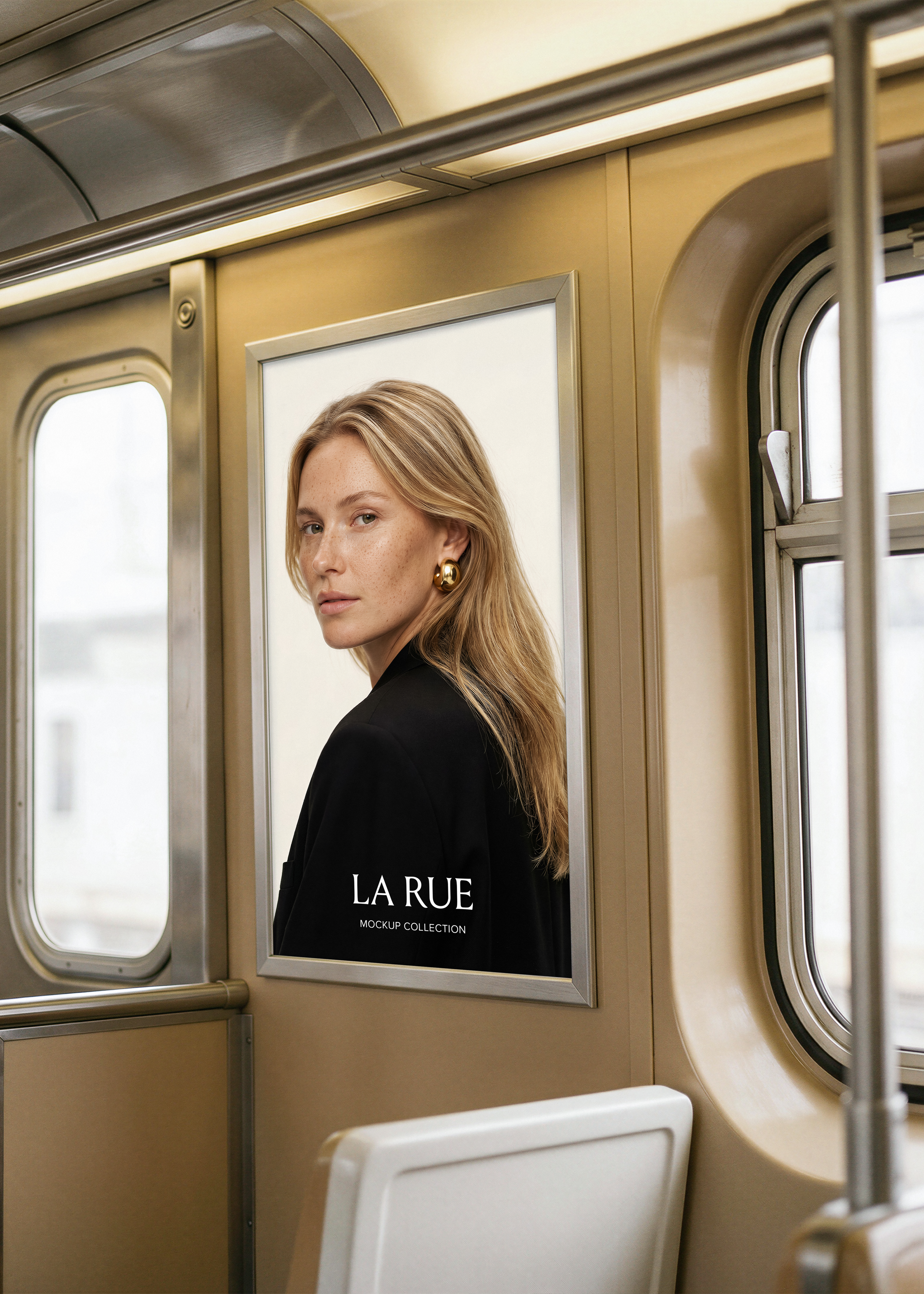 Subway poster mockup showing fashion campaign in brushed silver frame on warm gold carriage wall beside rounded windows