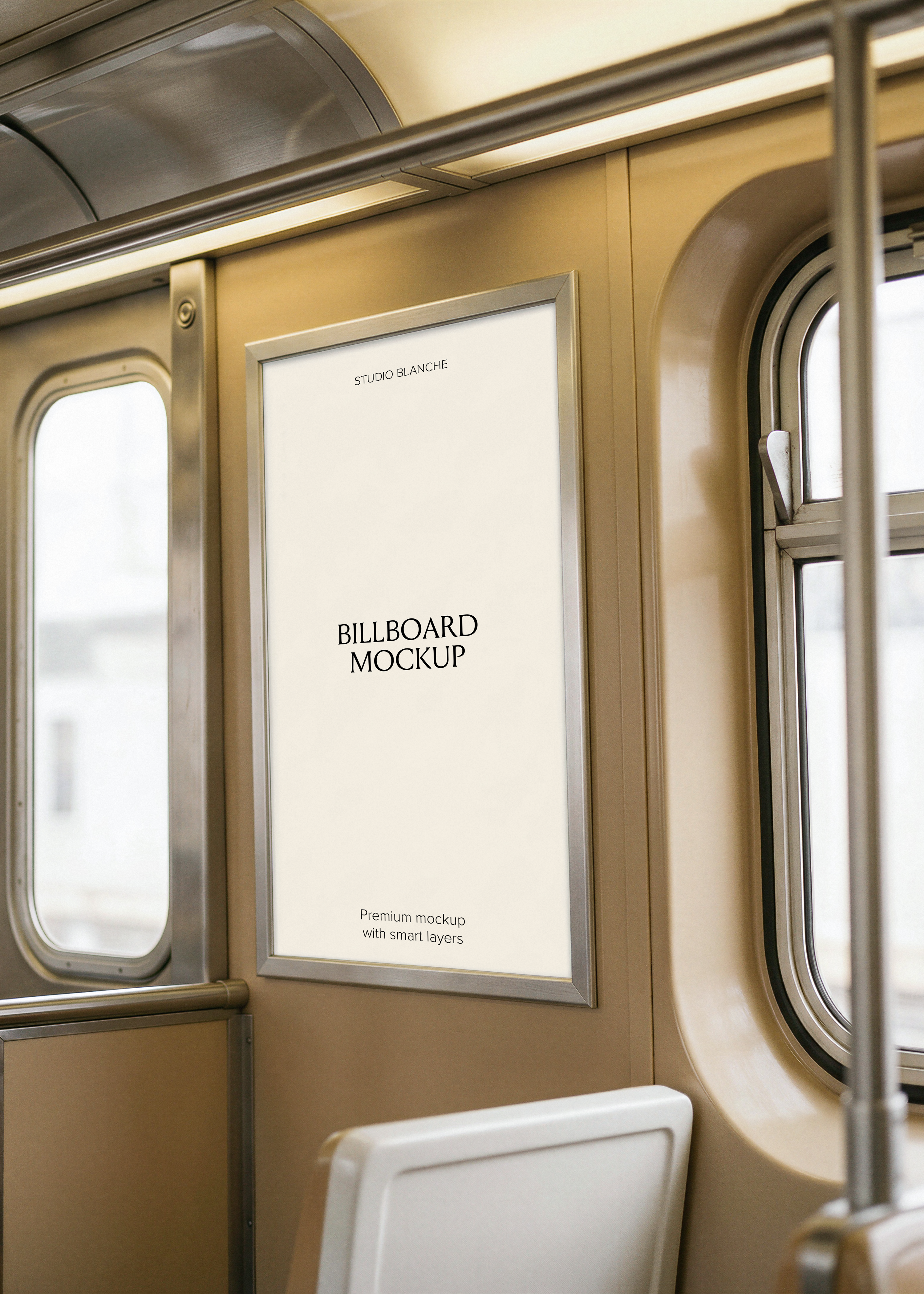 Billboard mockup in silver frame mounted on gold-toned subway carriage interior with white seat and chrome handrail