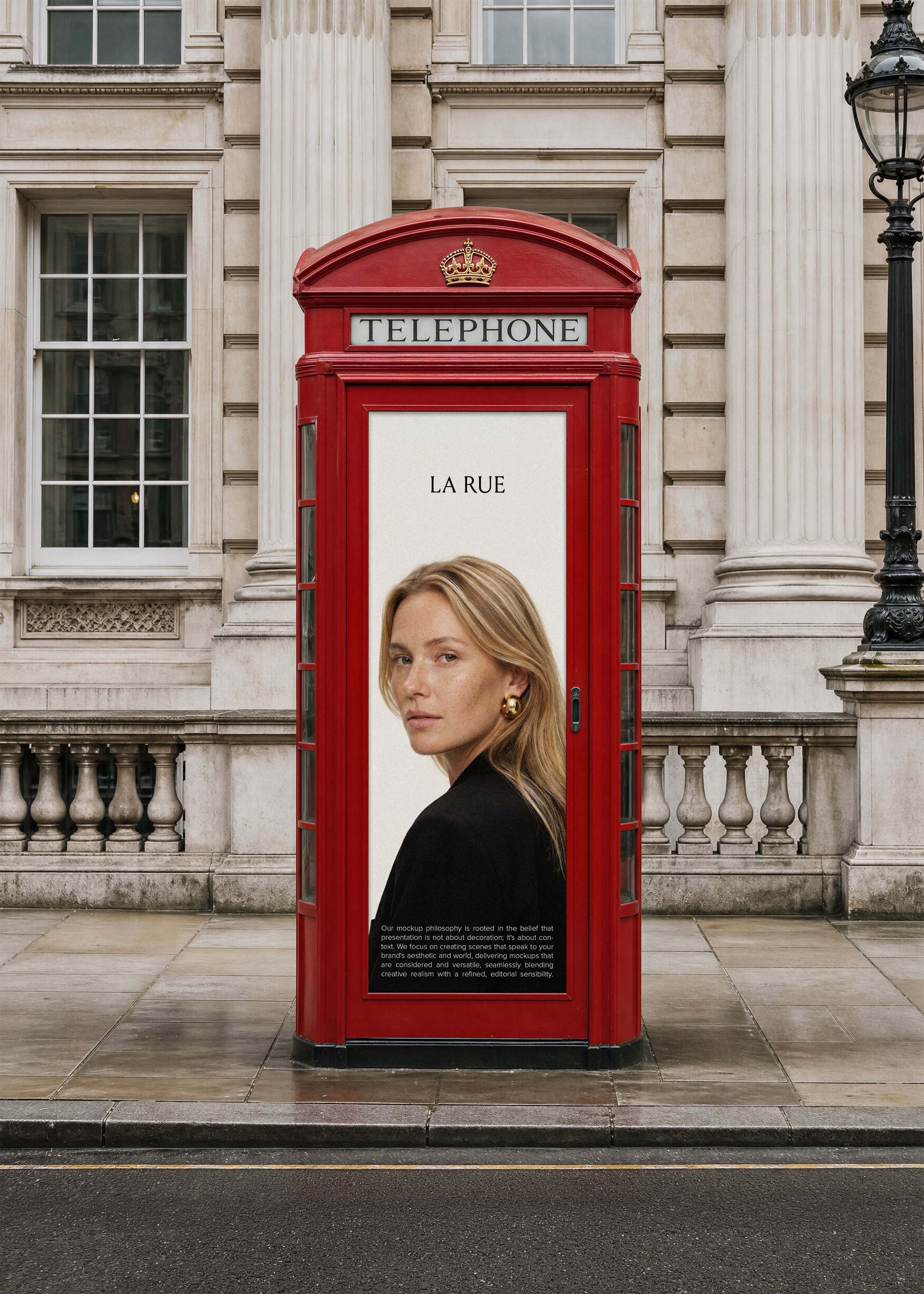 Billboard mockup inside iconic red London telephone box, Portland stone neoclassical building backdrop, wet pavement, overcast daylight