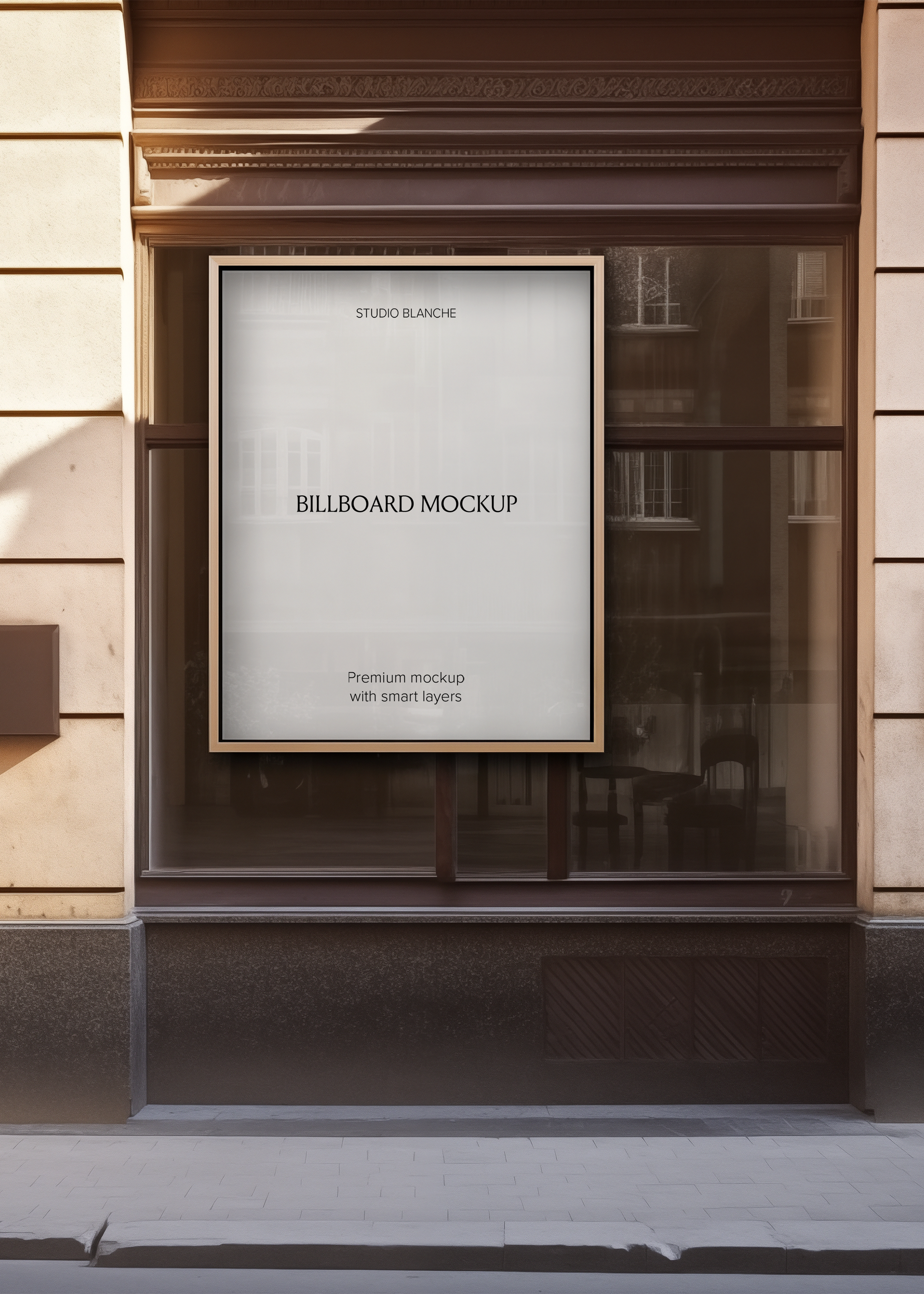 Blank gold framed window poster mockup in a dark boutique shop window, empty white panel with Studio Blanche label
