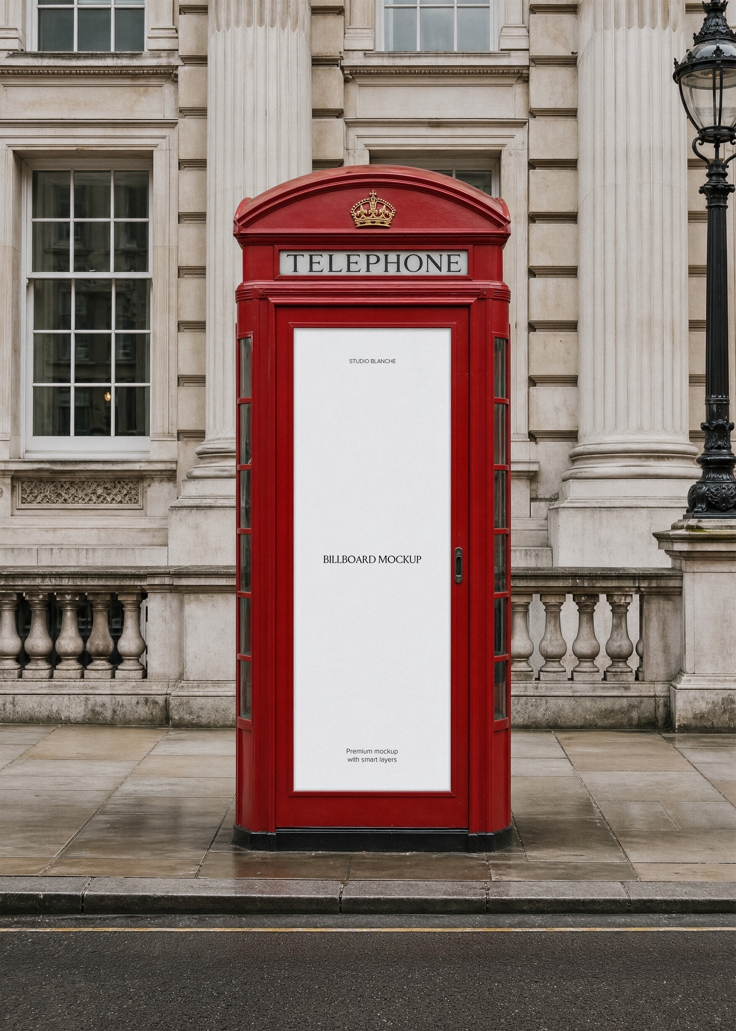 London telephone box billboard mockup with editorial fashion campaign artwork, cream panel, red phone box frame, stone facade behind