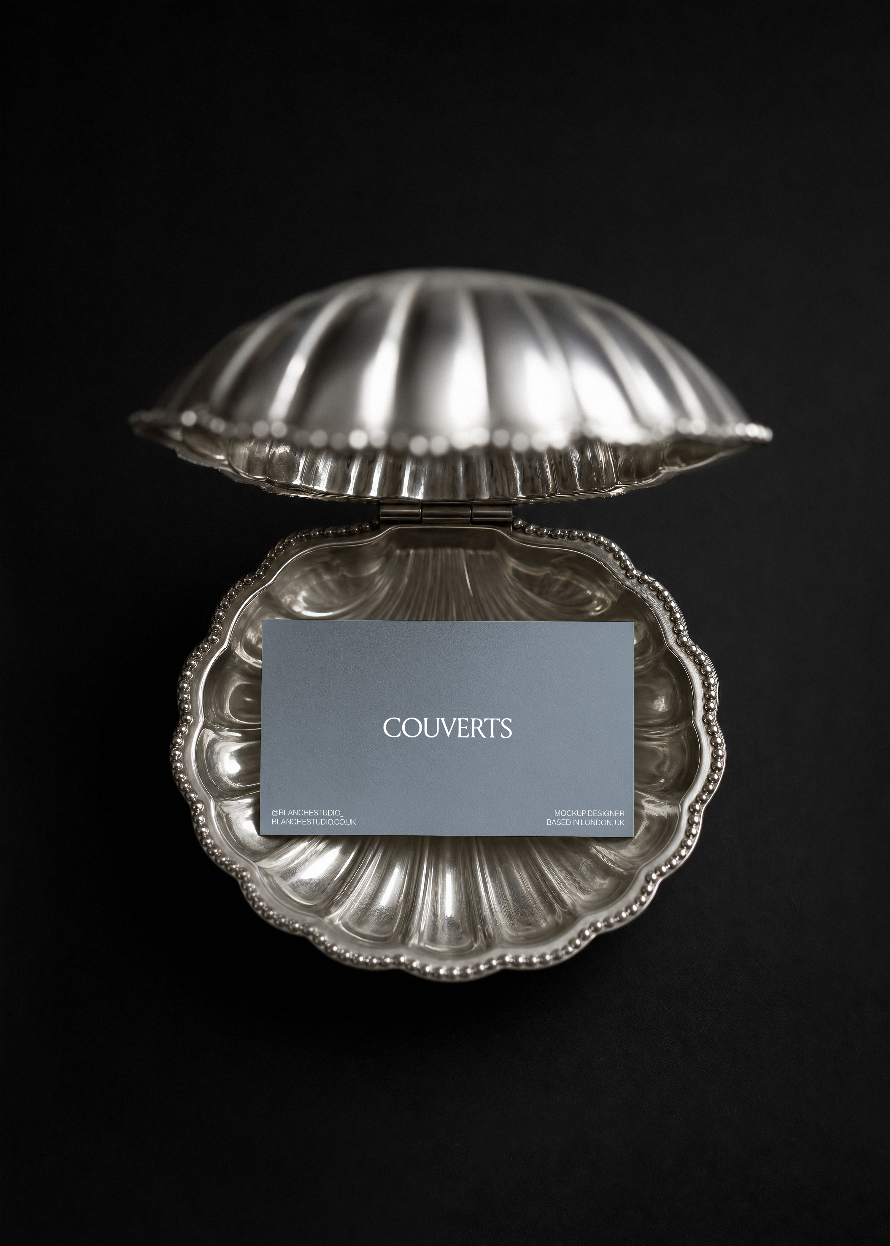 Dark grey business card with serif logo placed inside an open silver scallop shell dish against a black background