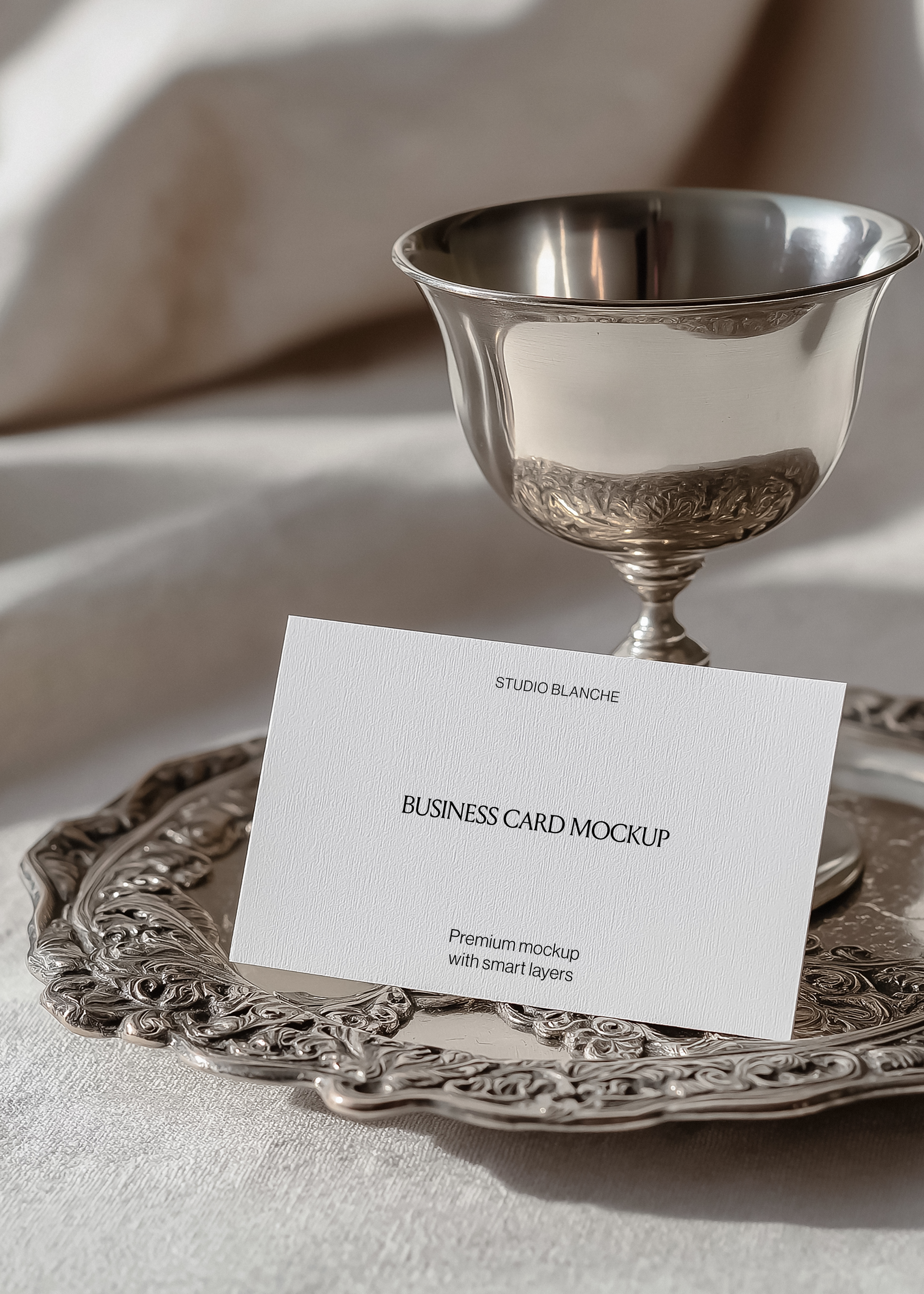 Close-up of textured white business card with serif logo and contact details, resting on antique silver platter and cloth