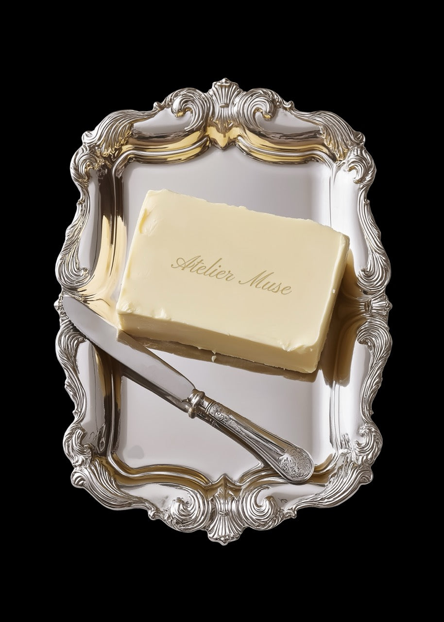 Vintage silver tray with butter block mockup by studio blanche