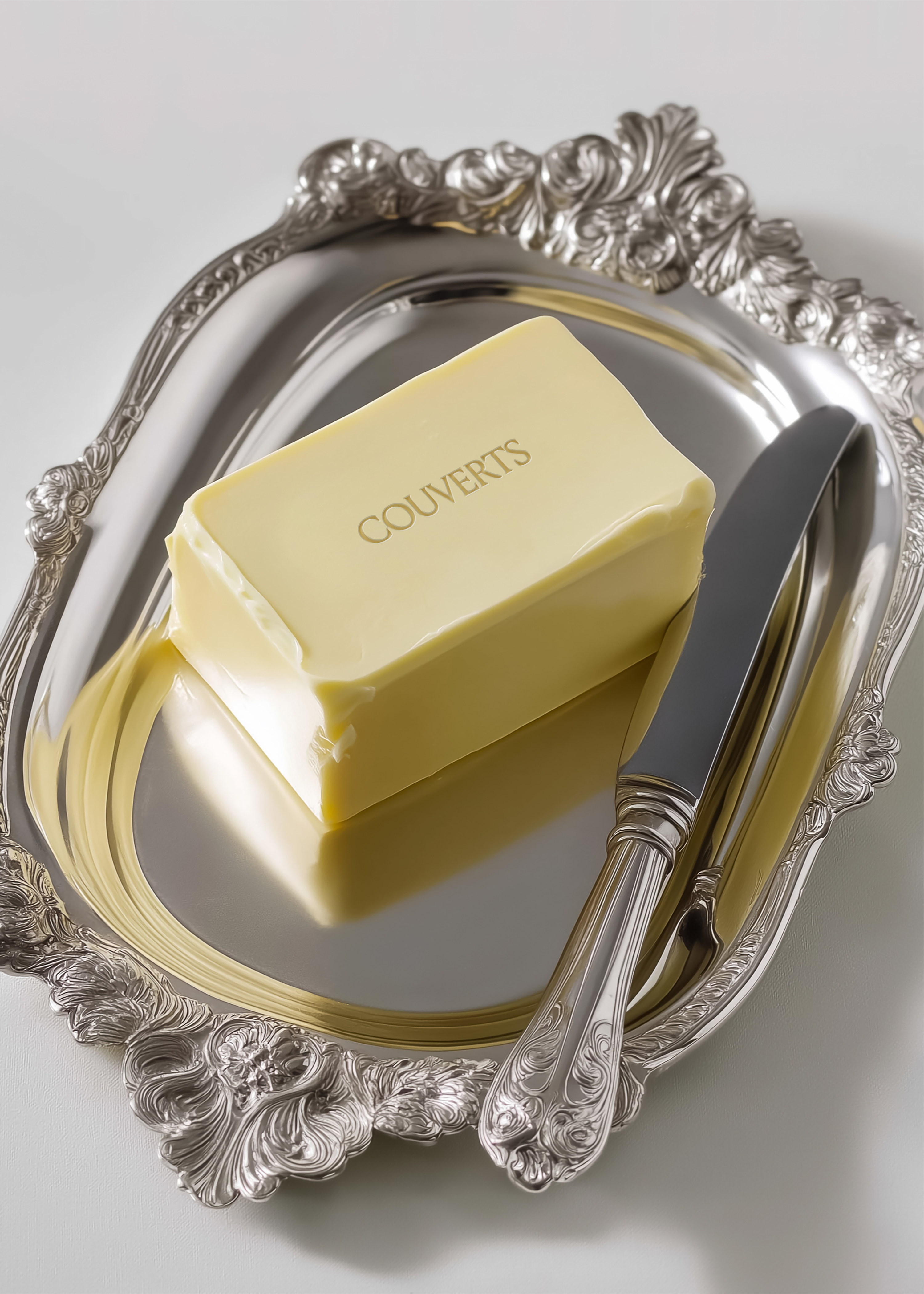 Butter block packaging mockup on ornate silver acanthus serving tray with table knife, angled overhead view, natural light, pale grey background