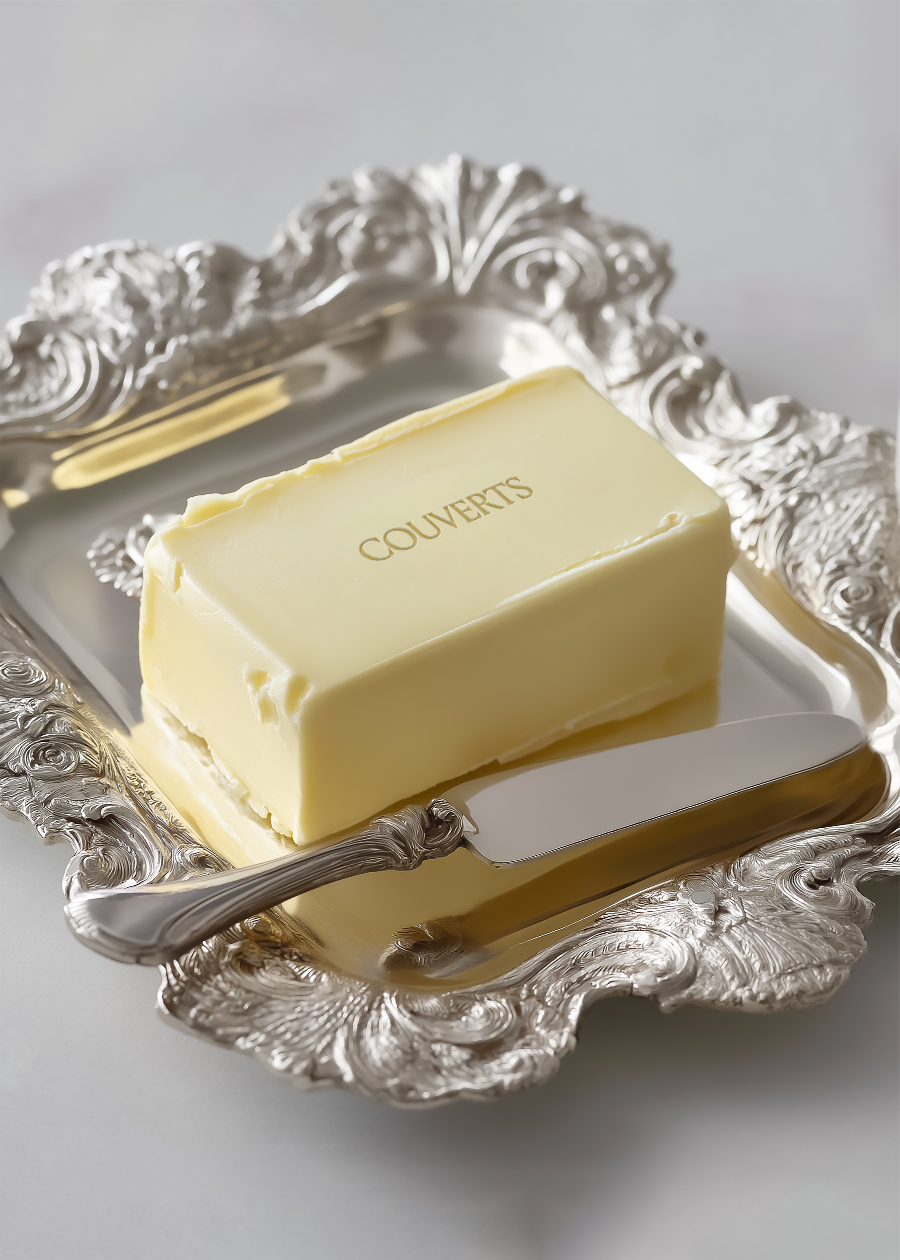 Butter block mockup on ornate silver scalloped tray with butter knife, low front angle, natural light, pale grey background