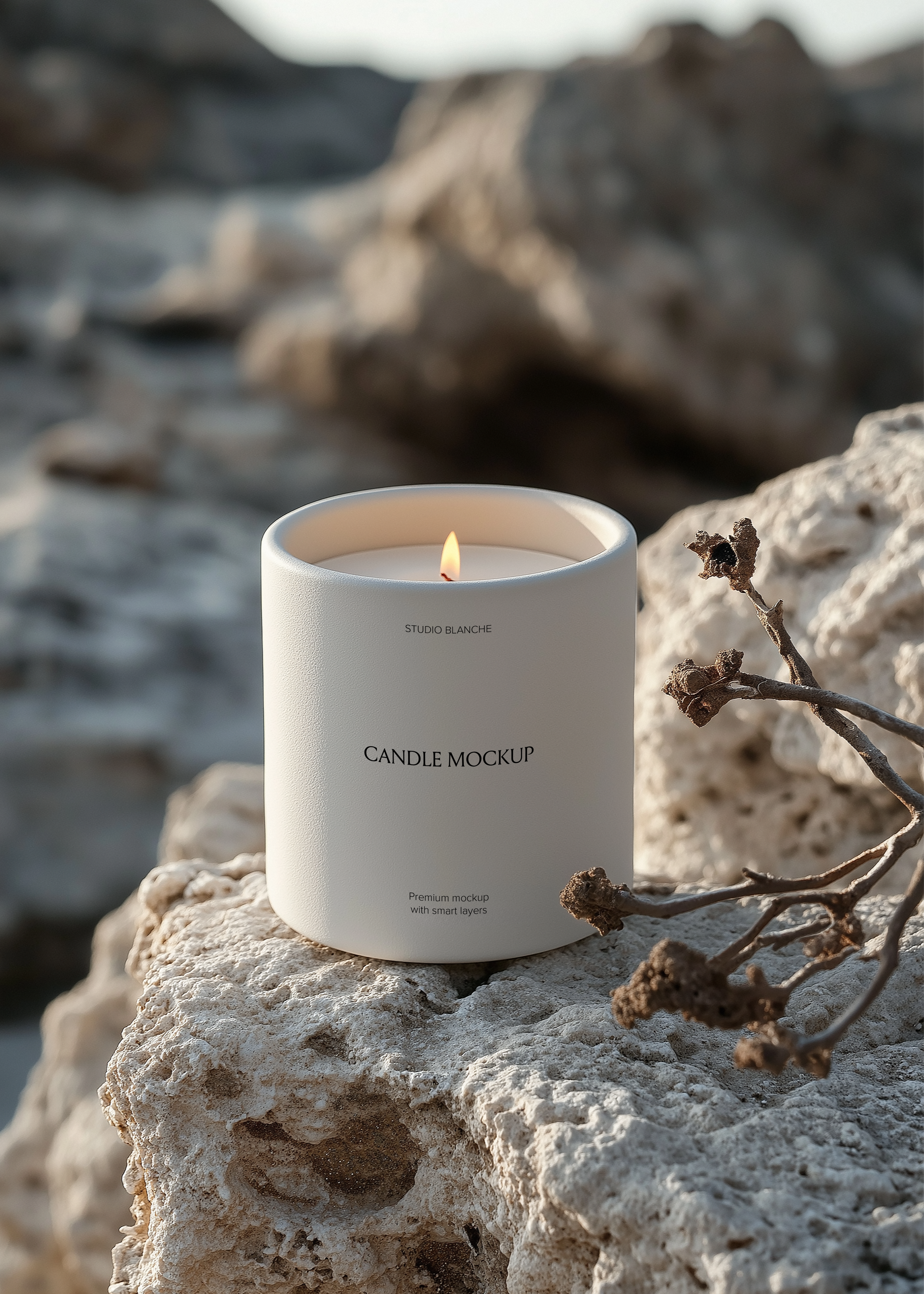 Lit white candle jar mockup on bleached porous rock, dried twig stems to one side, blurred coastal rock formation behind